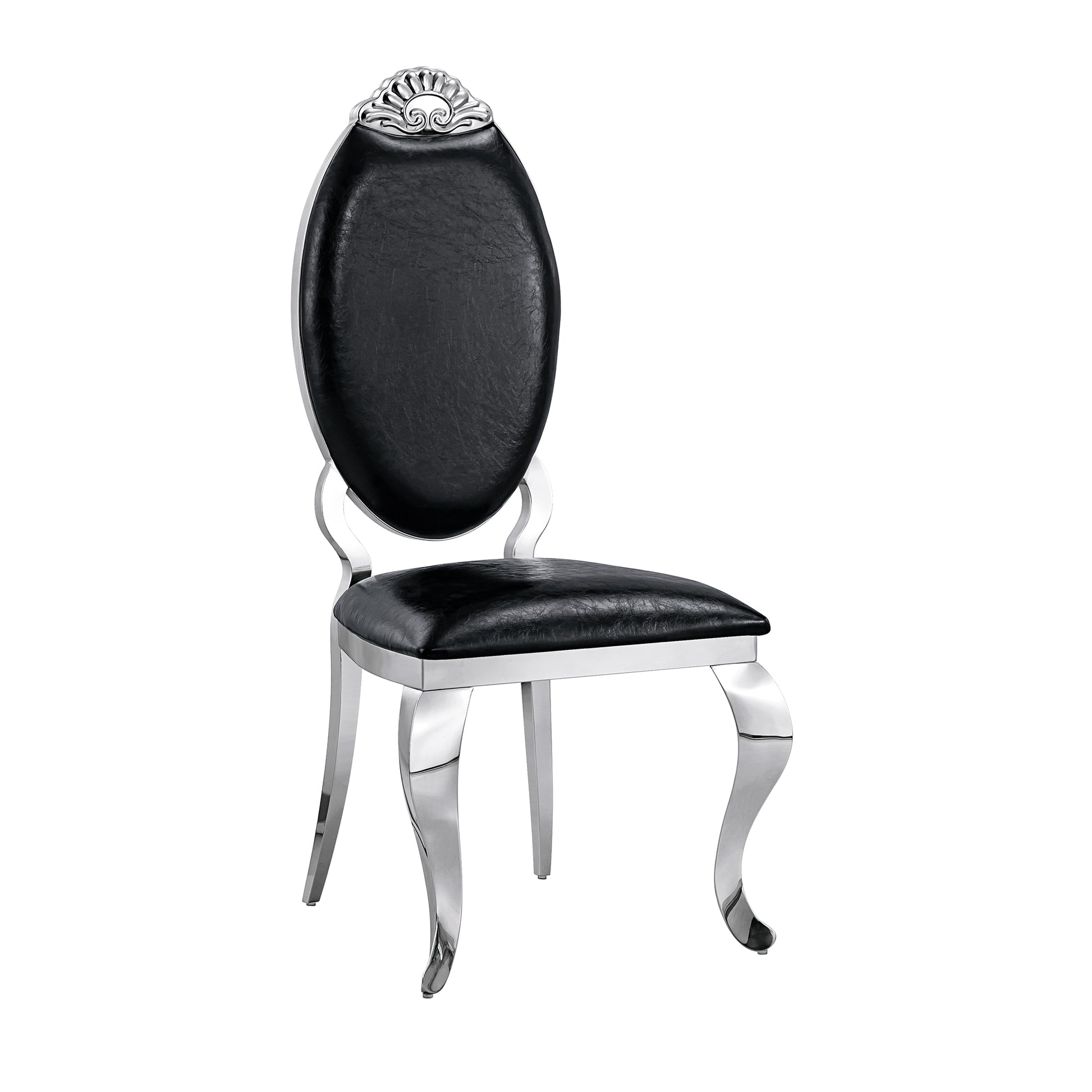 Dining Chair Set Of 2, Oval Back Carving Design With Stainless Steel Legs Black Pu