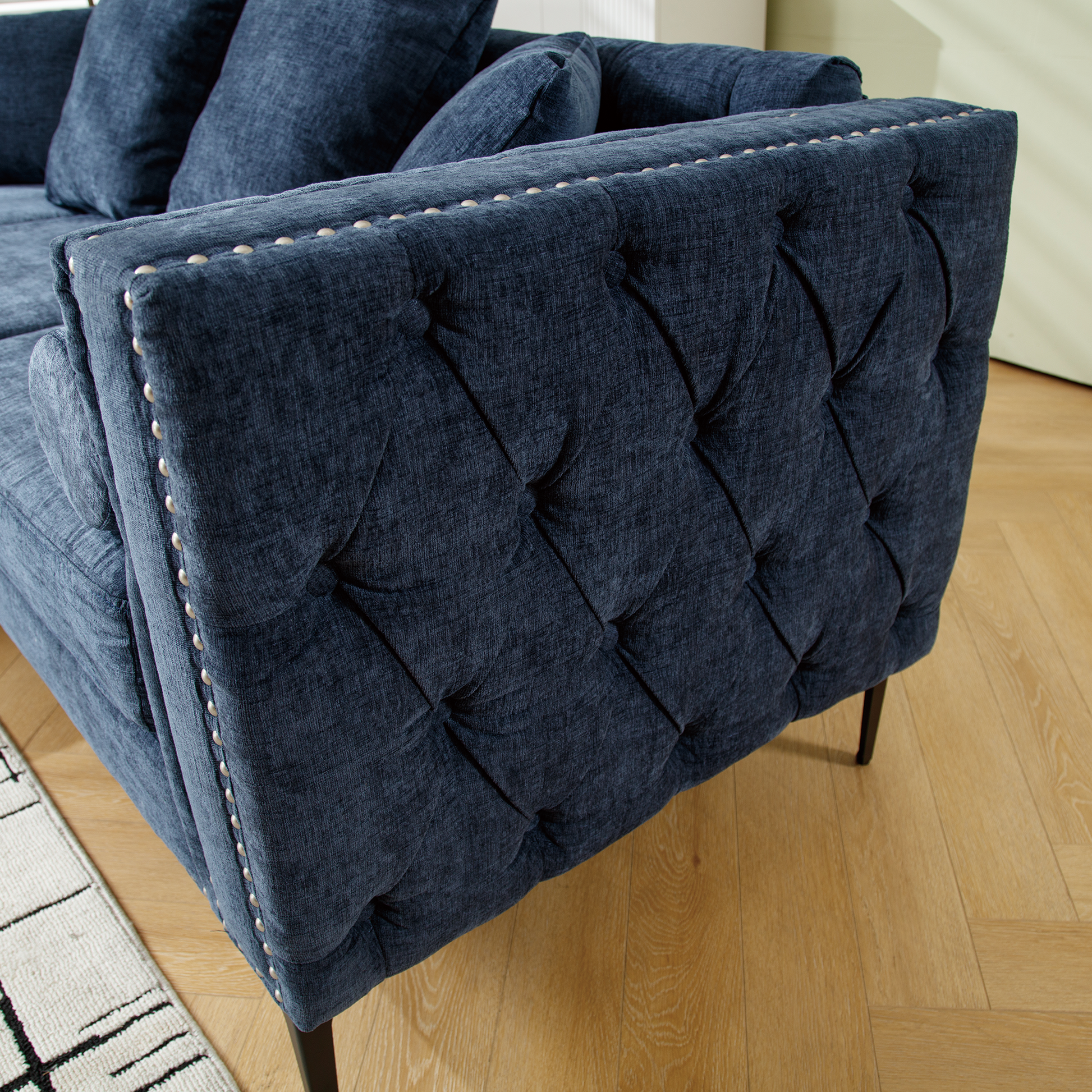Arrived L Shaped Sectional Sofaconvertible Storage Ottoman,Chenille ,Square Arm, Modern Tufted Couch ,3 Seater, And Nailhead,Blue Blue Polyester Wood Primary Living Space Medium Soft Tufted Back Modern Square Arms Metal & Wood 4 Seat