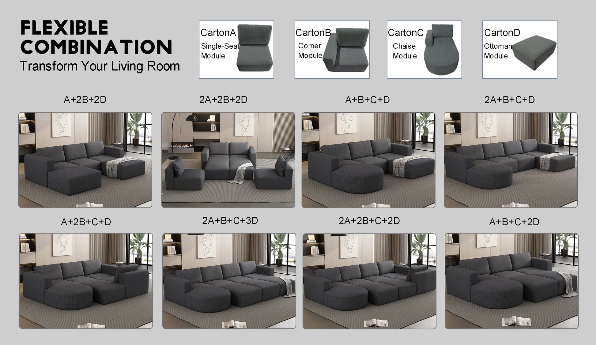 104.32*74.8 Modular Sectional Sofa Sleeper Couch, Sectional Sofa With Chaise And Ottoman, Convertible U Shaped Modular Sofa Set. Compressed Sponge, Dark Grey. Combo 2A 2B 2D Dark Grey Primary Living Space Soft Minimalist,Modern Foam Spring 6 Seat