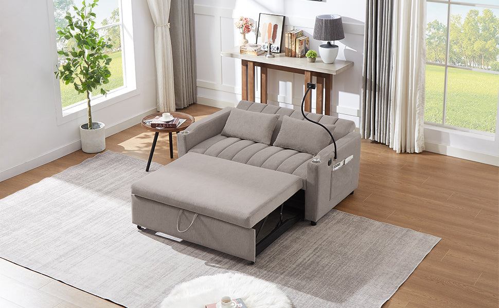 55.9" Convertible Sofa Bed Loveseat Sofa With Three Usb Ports, Two Side Pockets, Two Cup Holders And 360 Swivel Phone Holder For Living Room, Light Grey Light Grey Foam Polyester