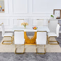 Table And Chair Set, Modern Minimalism And Luxurious White Rectangular Pattern Dining Table. Soft And Comfortable Dining Chairs For Dining Rooms, Living Rooms, Terraces And Kitchens. White Seats 6 Mdf Glass