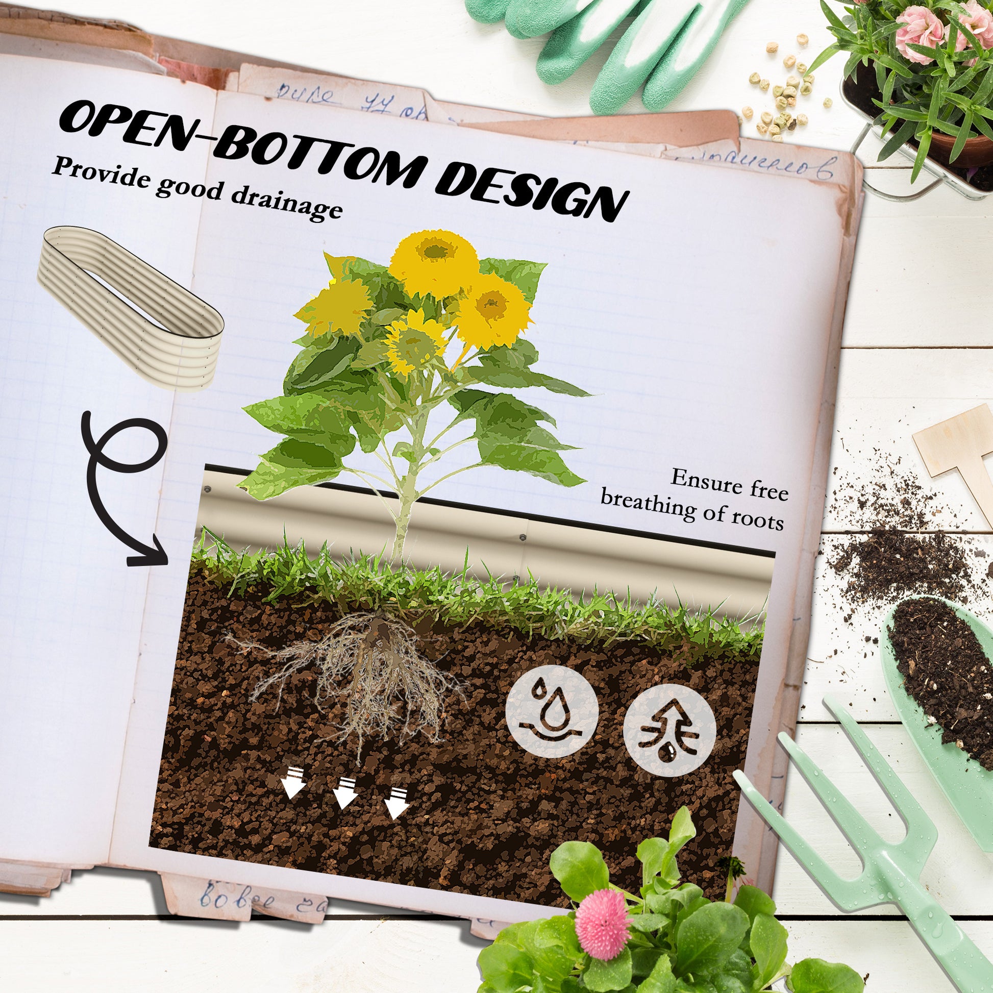 Outsunny 6.5' X 2' X 1.4' Galvanized Raised Garden Bed Kit, Outdoor Metal Elevated Planter Box With Safety Edging, Easy Diy Stock Tank For Growing Flowers, Herbs & Vegetables, Cream Cream White Steel