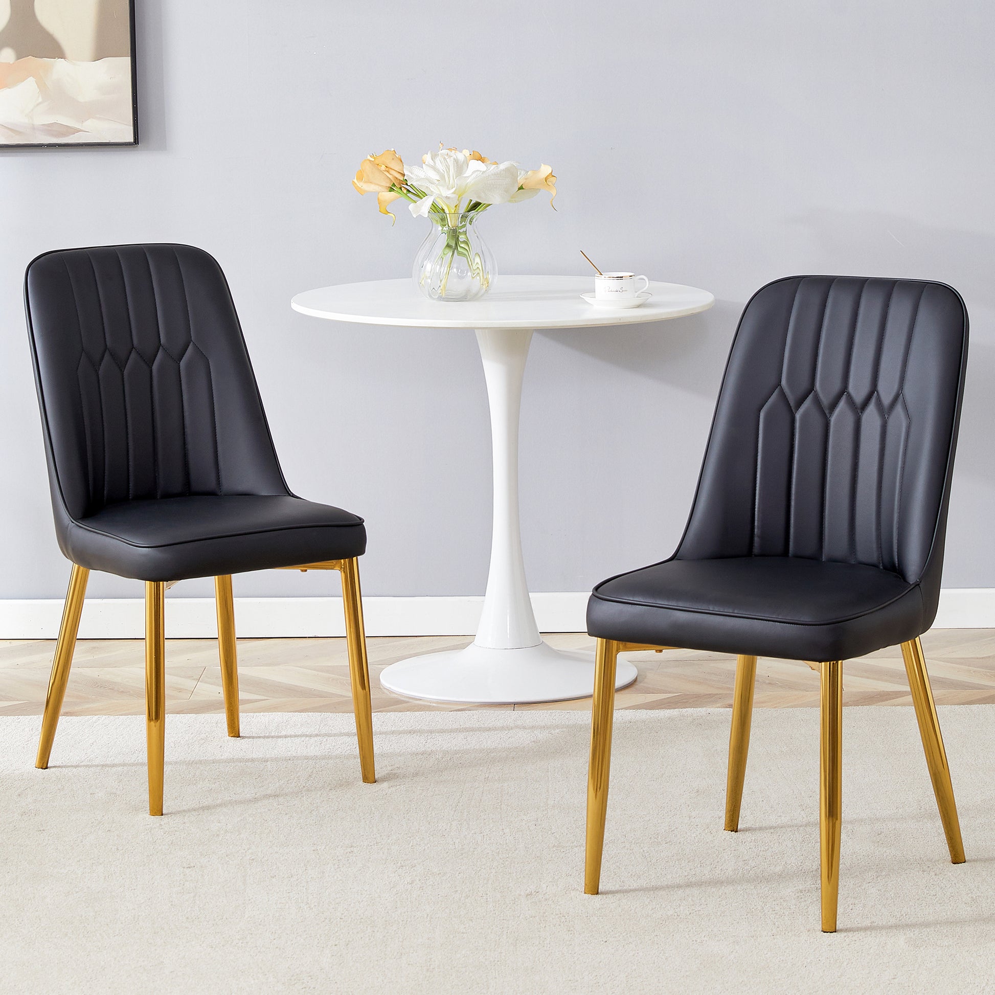 2 Modern Dining Chairs, Sleek Pu Leather Backrest, And Gold Metal Legs Bring A Comfortable Home Experience To The Kitchen, Bedroom, And Office. Black Pu