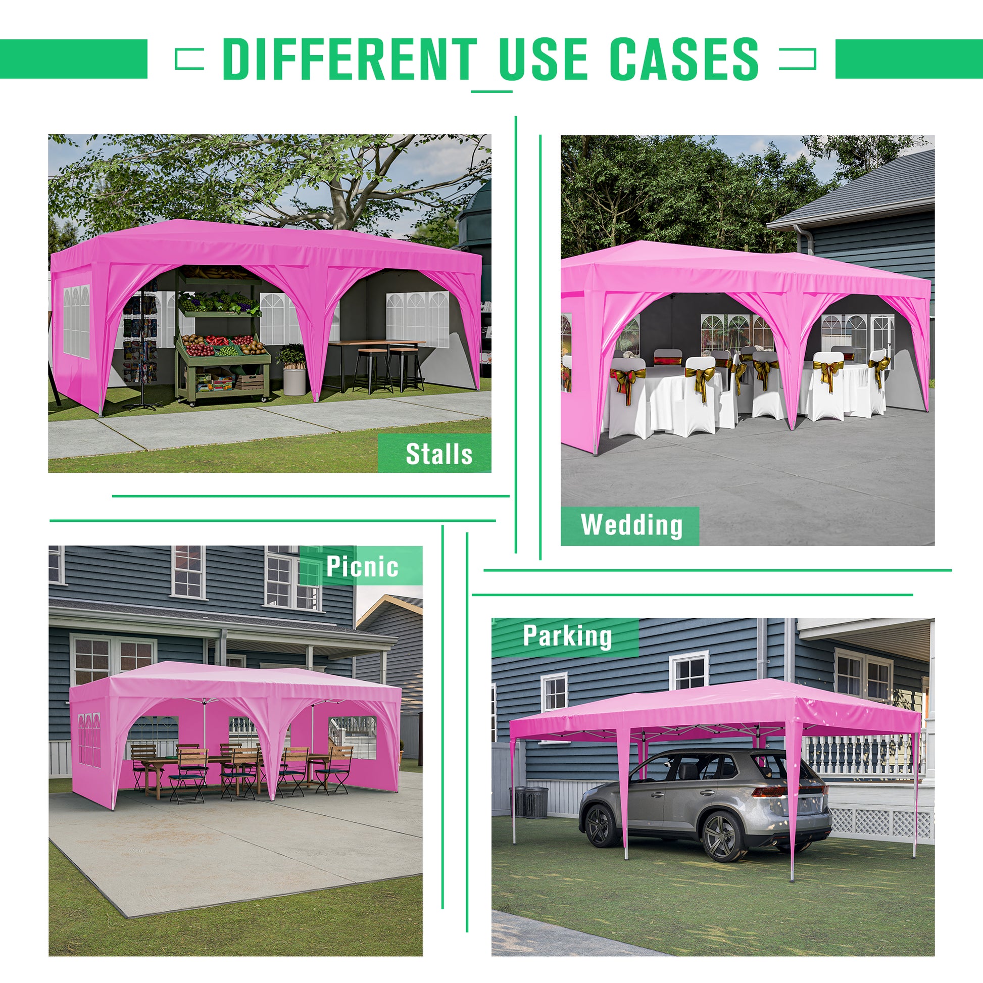 10'X20' Pop Up Canopy Tent With 6 Sidewalls, Ez Pop Up Outdoor Canopy For Parties, Waterproof Commercial Tent With 3 Adjustable Heights, Carry Bag, 6 Sand Bags, 6 Ropes And 12 Stakes, Pink Pink Metal