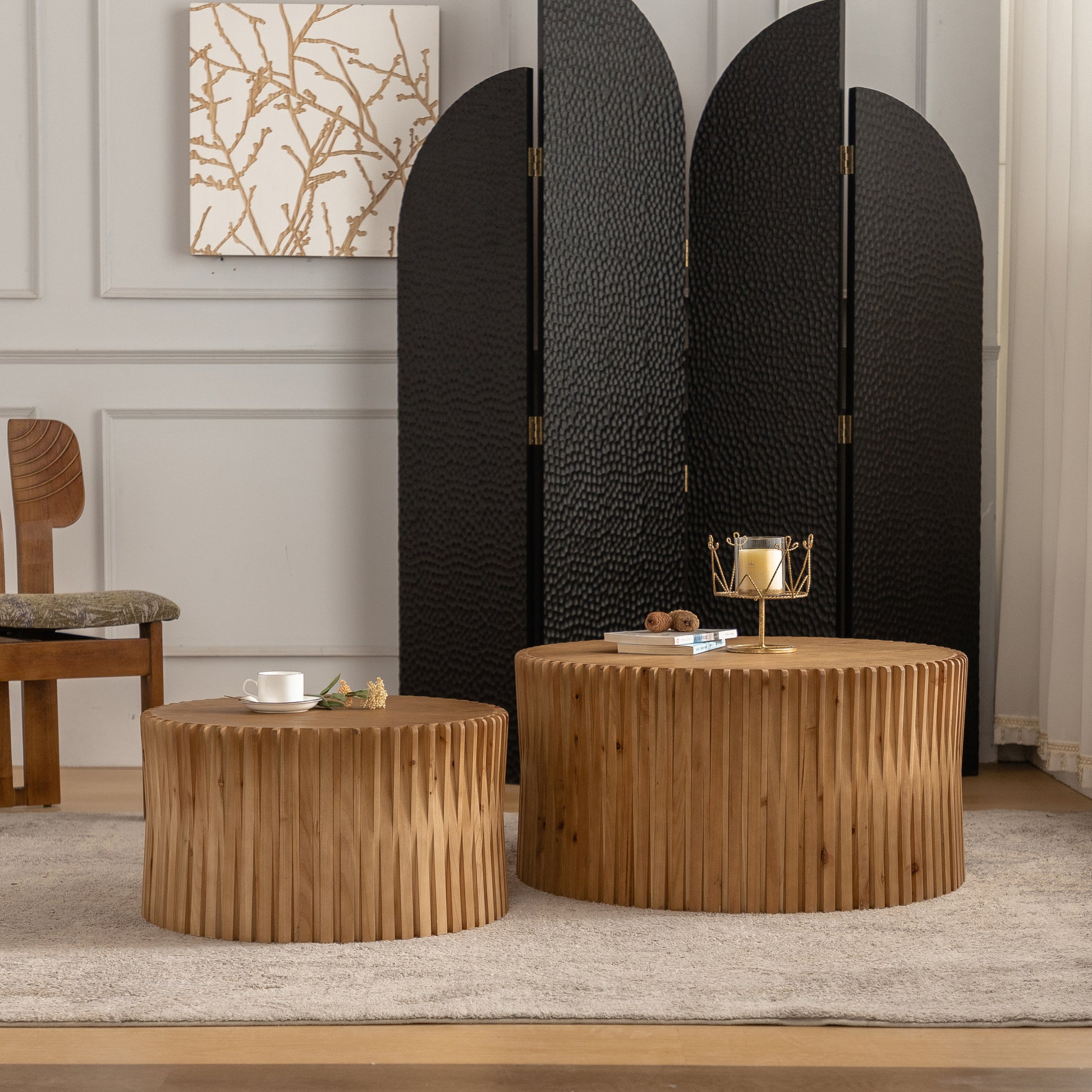 Vintage Fashion Style Cylindrical Nesting Coffee Table Set With Vertical Textured Embossed Design For Living Room, Office And Dining Room, Natural Set Of 2 Natural Mdf