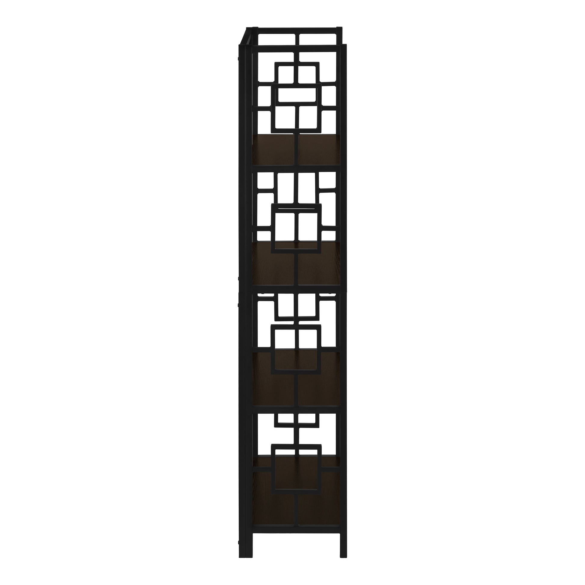 Bookshelf, Bookcase, Etagere, 4 Tier, 62"H, Office, Bedroom, Brown Laminate, Black Metal, Contemporary, Modern Espresso Metal