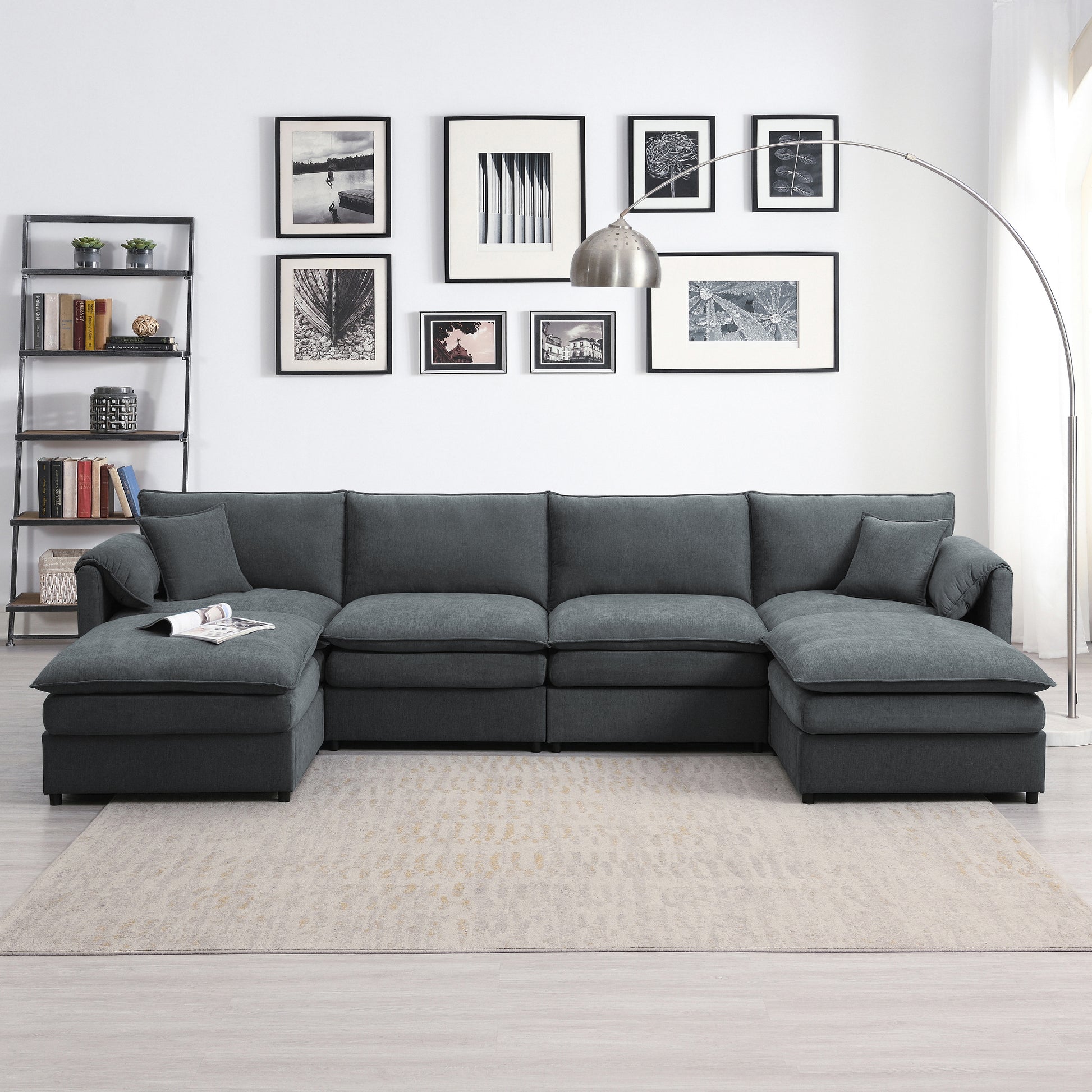 134*66" Chenille Modular Sectional Sofa,U Shaped Cloud Couch Set With Double Cushions ,6 Seat Sleeper Sofa Bed With Ottomans,Oversized Indoor Furniture For Living Room, 3 Colors Dark Gray Chenille 6