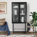 Elegant Floor Cabinet With 2 Tampered Glass Doors Living Room Display Cabinet With Adjustable Shelves Anti Tip Dust Free Easy Assembly Black Color Black Steel