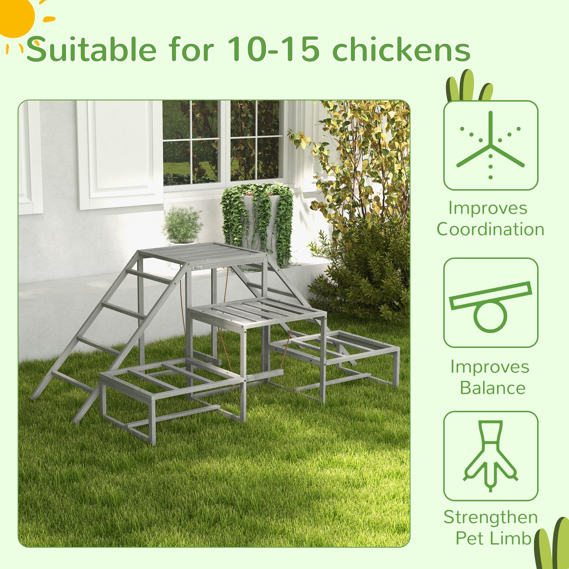 Pawhut Chicken Toys For Coop, Chicken Swing Set, Chicken Coop Accessories For Poultry Run With Perches, Wood Stand, Ladder, Platforms, For 10 15 Chickens, Gray Gray Wood