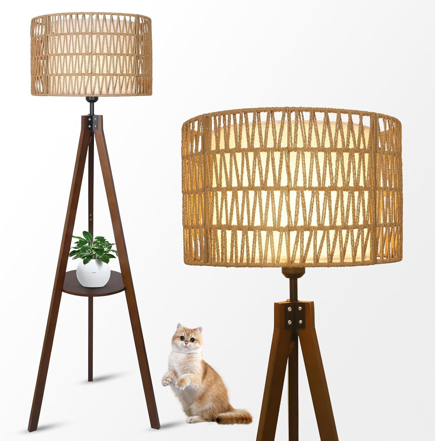 Boho Tripod Floor Lamp With Shelves, Mid Century Wood Standing Lamp With Rattan & Fabric Shades, On Off Foot Switch, Modern Farmhouse Tall Floor Lamps For Living Room Bedroom Office Brown Wood Fabric Rattan