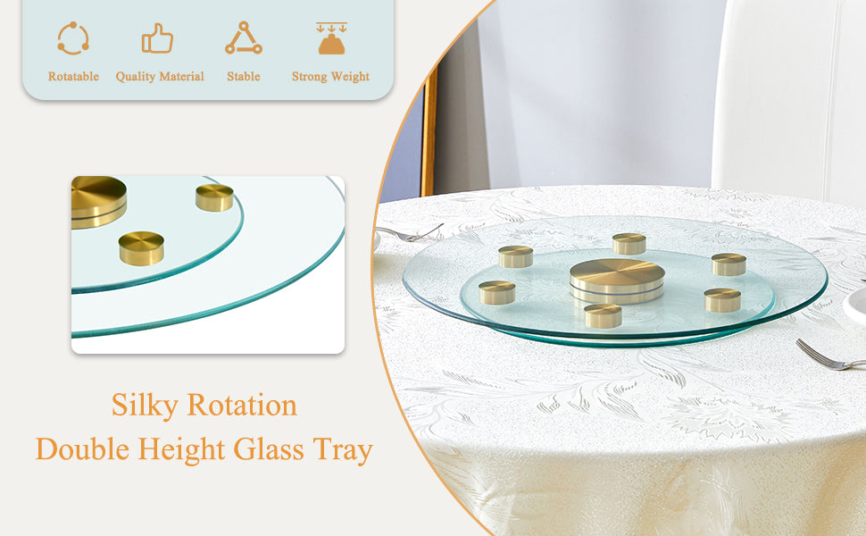 Double Layer Rotatable Round Glass.Golden Aluminum Plate,The Rotatable Design Makes It Convenient To Retrieve And Place Items.The Upper Glass Has A Diameter Of 20 Inches,The Lower Glass15 Inches.