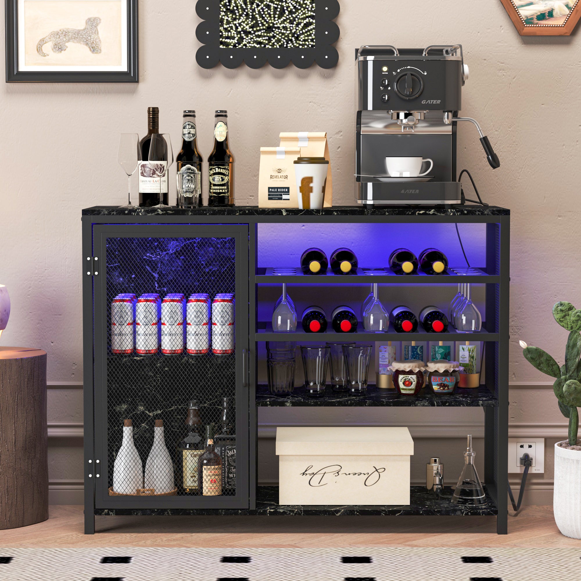 Bar Cabinet,Wine Bar Cabinet,Liquor Storage Credenza,Sideboard With Wine Racks & Stemware Holder,With Uab Socket,Metal Bracket,Canbeplacedin Familybars,Hallways,Living Rooms,Color:Black Marble Texture 3 4 Spaces Black Primary Living Space Built In