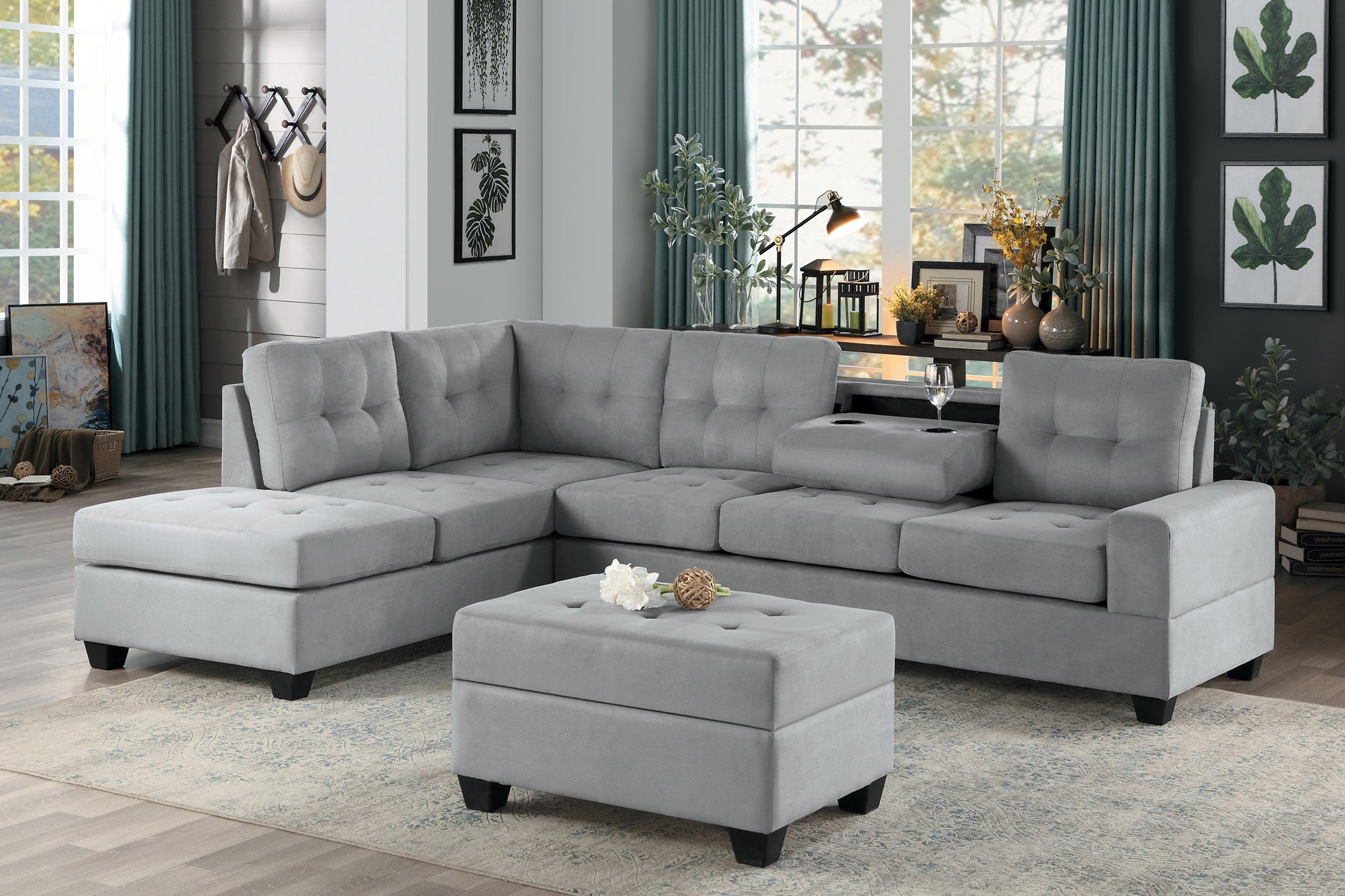 Modern Living Room 3 Piece Reversible Sectional With Drop Down Cup Holders Sofa Chaise Ottoman Storage Gray Microfiber Upholstered Tufted Details Gray Microfiber Wood Primary Living Space Modern L Shaped Plywood,Solid Wood 6 Seat