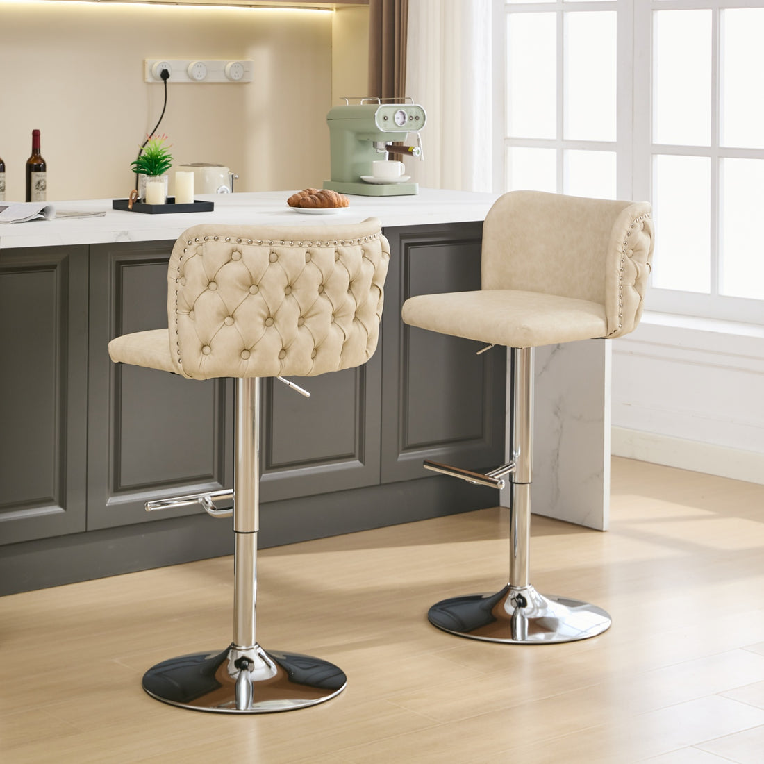 Swivel Barstools Adjusatble Seat Height With Chrome Base, Modern Pu Upholstered Bar Stools With The Whole Back Tufted, For Home Pub And Kitchen Island,Beige, Set Of 2 Beige American Design Bar Stools Set Of 2 Foam Pu Leather