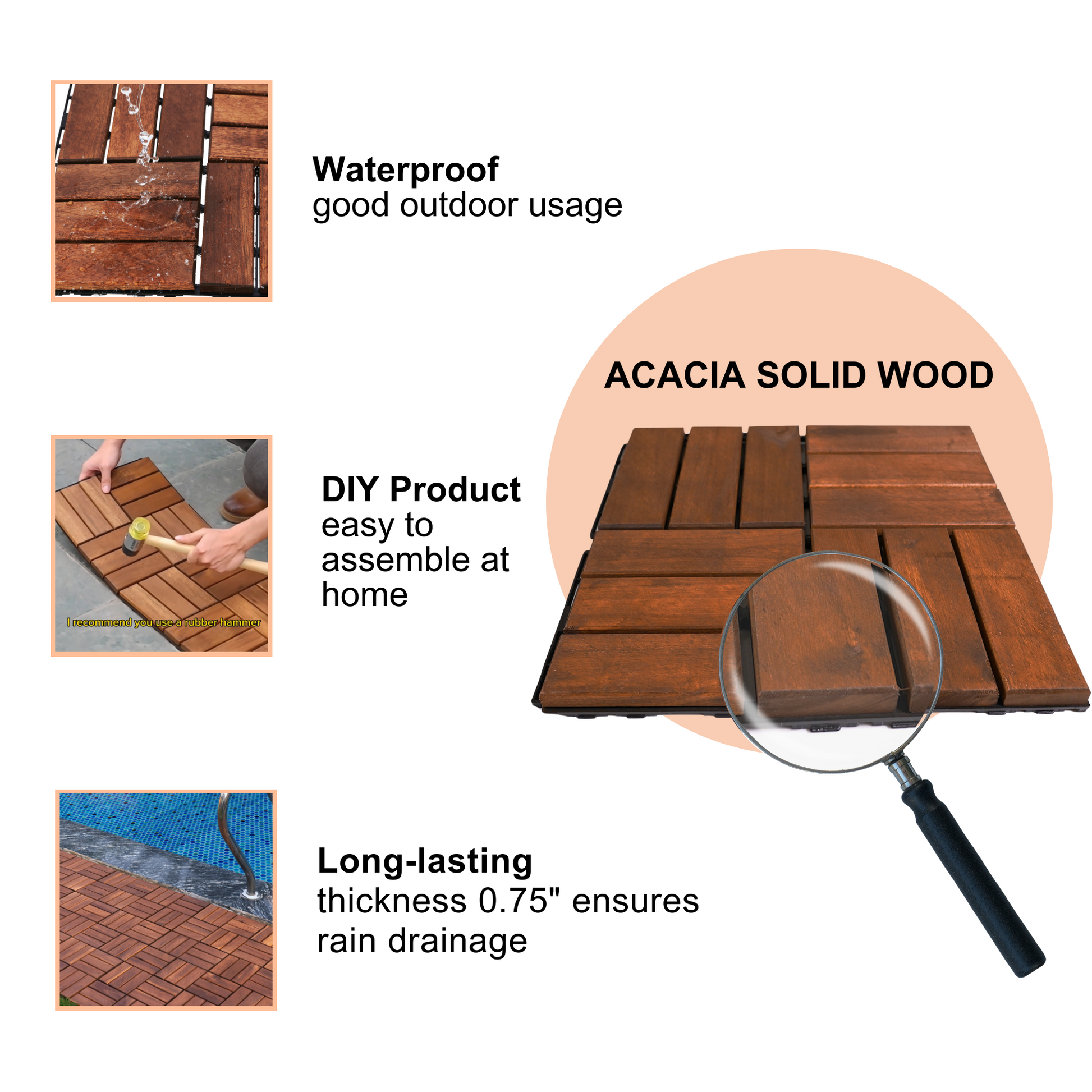 Acacia Wood Interlocking Deck Tiles Checker Pattern, 10Pcs 12" X 12" Square Brown Acacia Hardwood Outdoor Flooring For Patio, Bancony, Pool Side,.. Brown Garden & Outdoor Acacia Wood