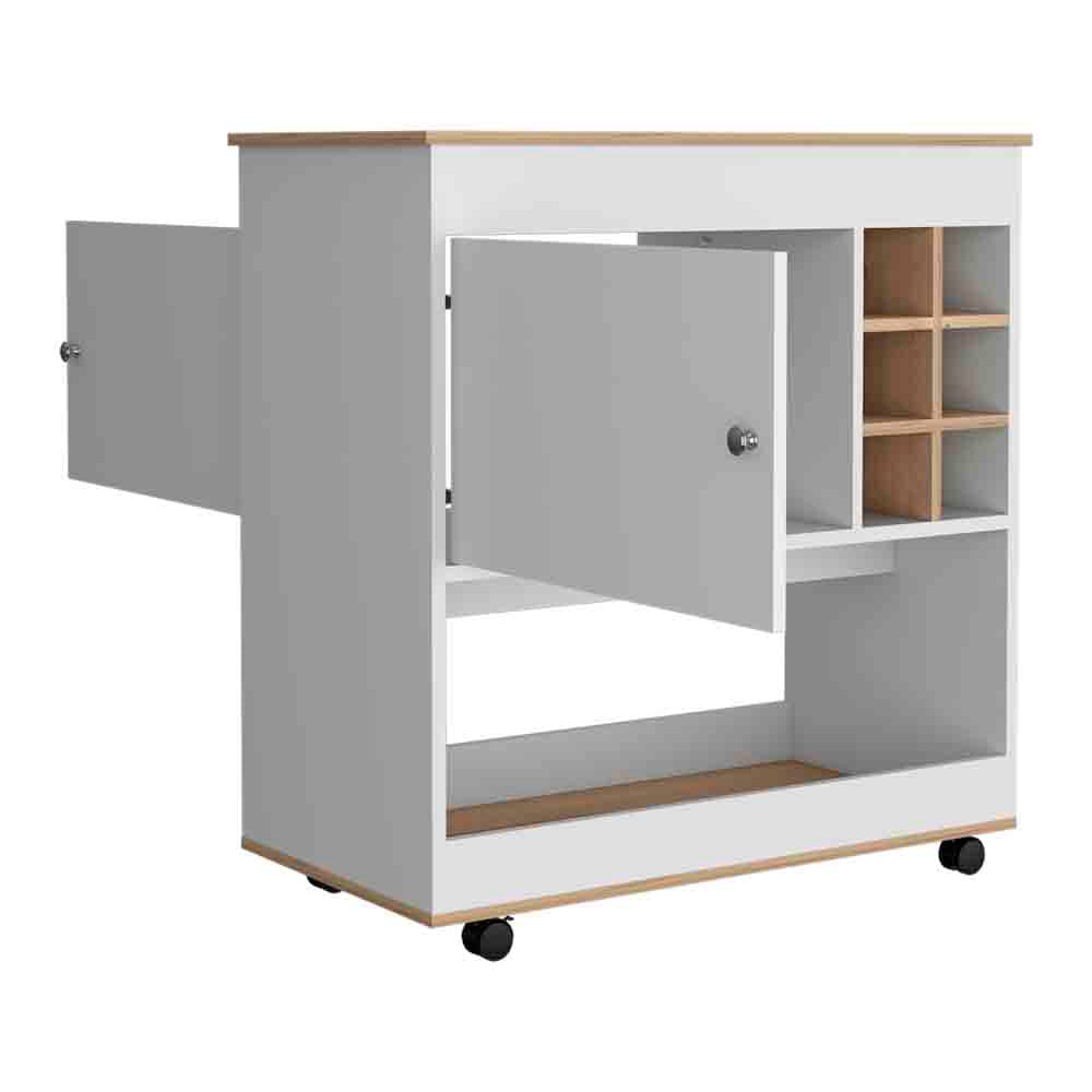 37" H Light Oak White Bar Coffee Cart, Kitchen Or Living Room Cabinet, With 4 Wheels, Central Storage With 2 Doors, Division For 6 Bottles And A Shelf With A Wooden Front On The Bottom. Multicolor