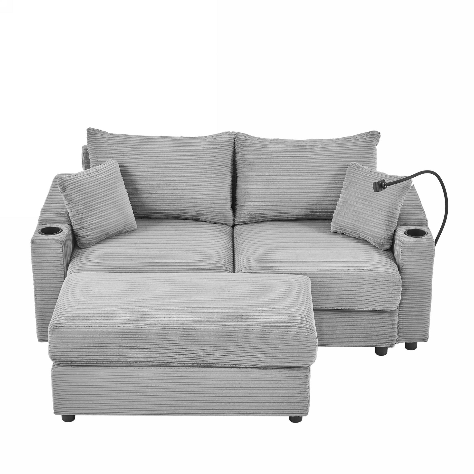 72.8" Modern Style Loveseat Sofa Sectional Sofa Couch With Storage Space, A Movable Ottoman, Two Usb Ports, Two Cup Holders, A Phone Holder For Living Room, Gray Gray Foam Corduroy 3 Seat