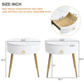 19.6'' Easy Assembly End Tables With High Gloss Faux Marble Tabletops, Set Of 2, Modern Fluted 2 Side Tables With Drawers, Round Coffee Tables With Golden Legs For Living Room, White White Gold Primary Living Space Drawers Round Mdf Iron