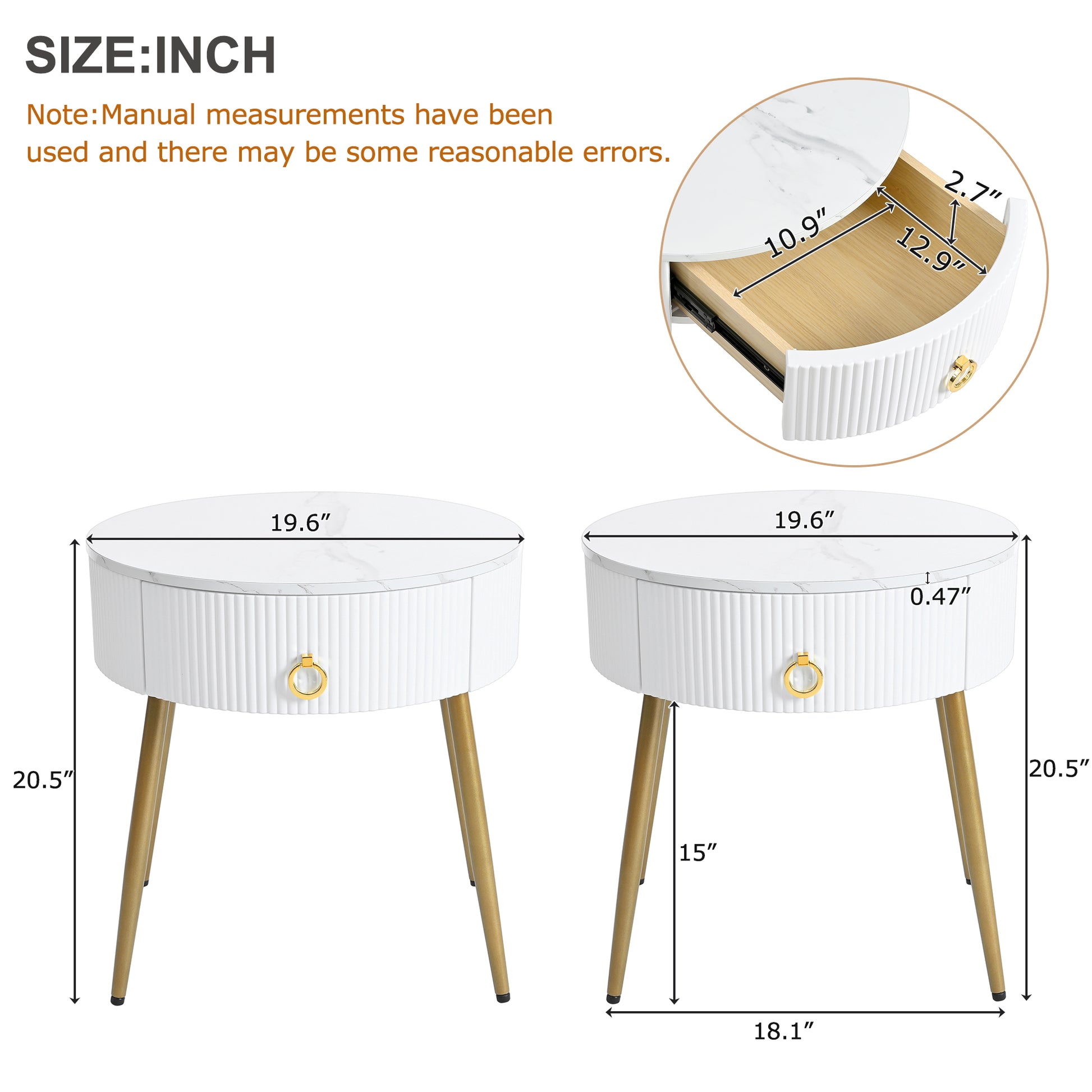 19.6'' Easy Assembly End Tables With High Gloss Faux Marble Tabletops, Set Of 2, Modern Fluted 2 Side Tables With Drawers, Round Coffee Tables With Golden Legs For Living Room, White White Gold Primary Living Space Drawers Round Mdf Iron