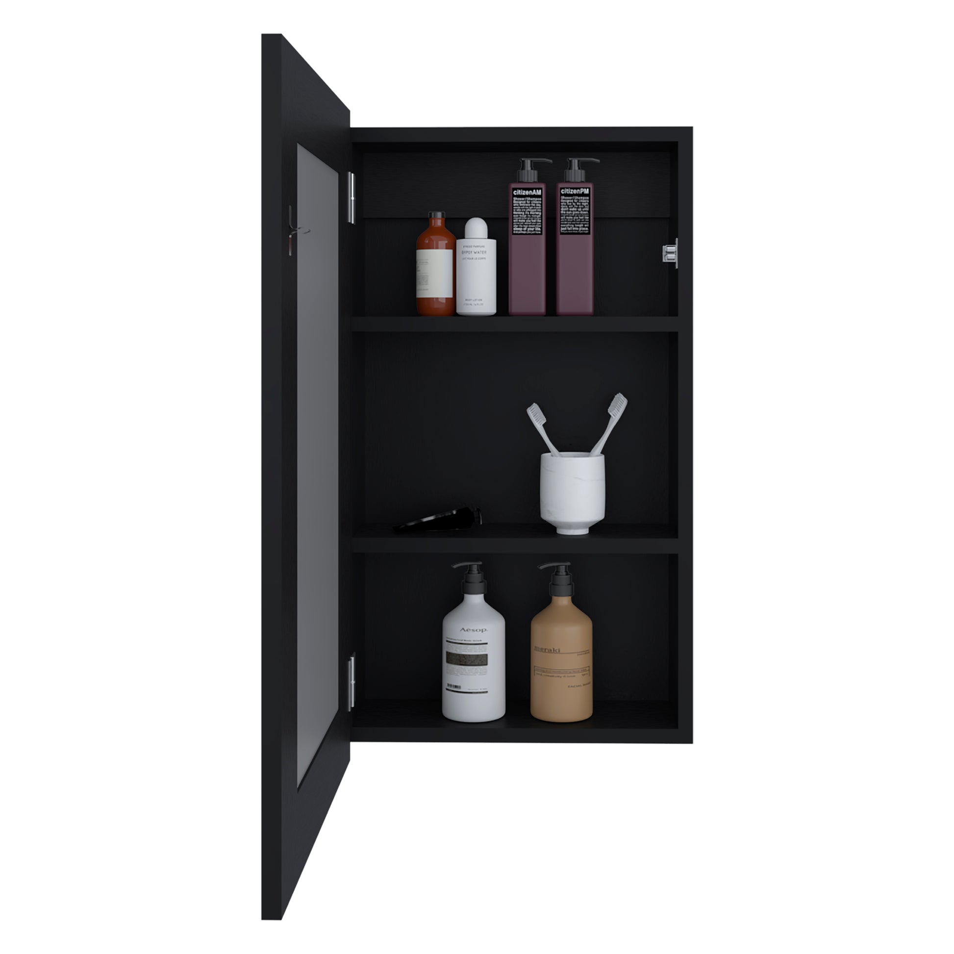 Juno 25.7" H X 15.7" W Narrow Mirror Medicine Cabinet, One Door With Three Interior Shelves For Bathroom, Kitchen Black Black Particle Board