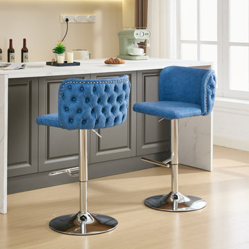 Swivel Barstools Adjusatble Seat Height With Chrome Base, Modern Pu Upholstered Bar Stools With The Whole Back Tufted, For Home Pub And Kitchen Island,Blue, Set Of 2 Blue American Design Bar Stools Set Of 2 Foam Pu Leather