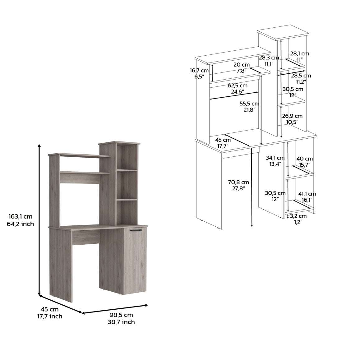 Computer Desk With Large Work Surface, Hutch Storage And Single Door Cabinet With 3 Tier Shelves, Light Gray Gray Particle Board Particle Board