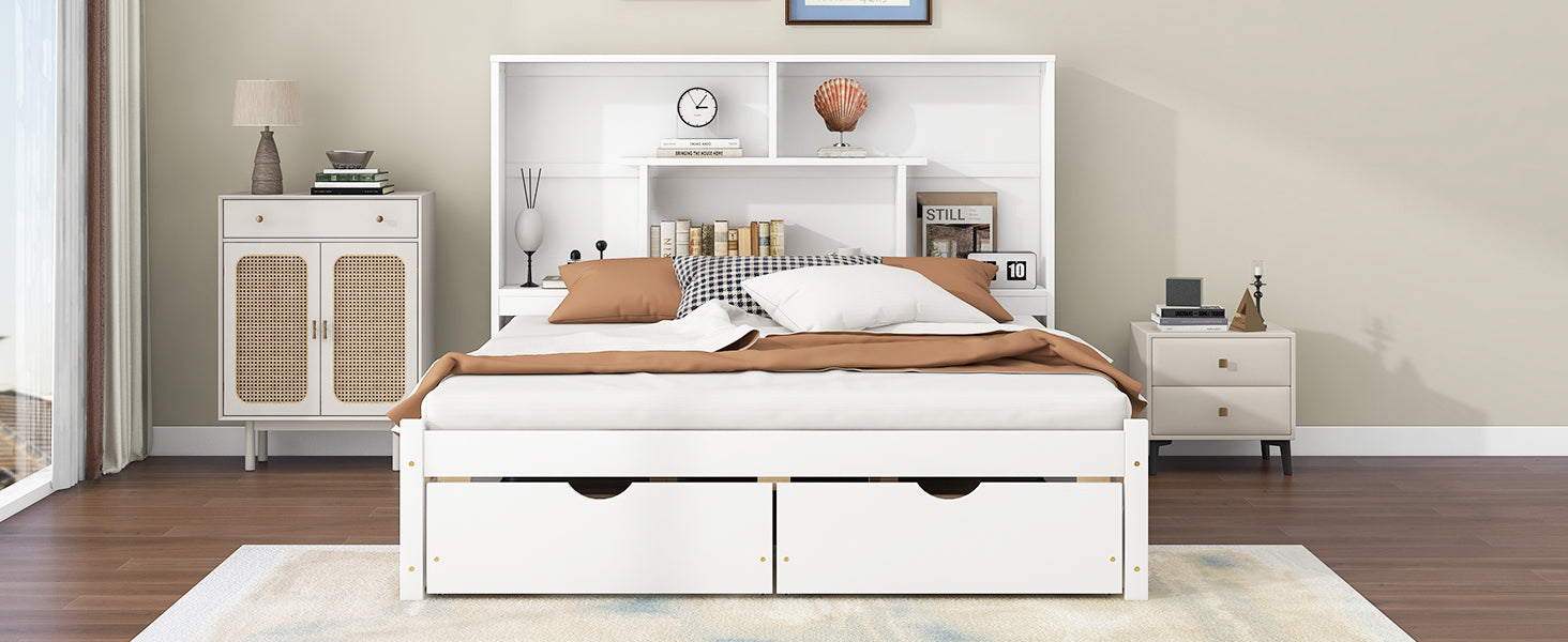 Queen Size Platform Bed With Storage Headboard And 2 Drawers, White Box Spring Not Required Queen White Wood Bedroom Bed Frame Solid Wood Mdf