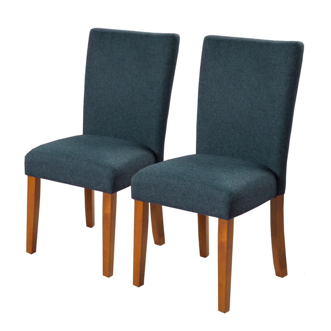 Fabric Upholstered Parson Dining Chair With Wooden Legs, Navy Blue And Brown, Set Of Two Blue Brown Wood Fabric