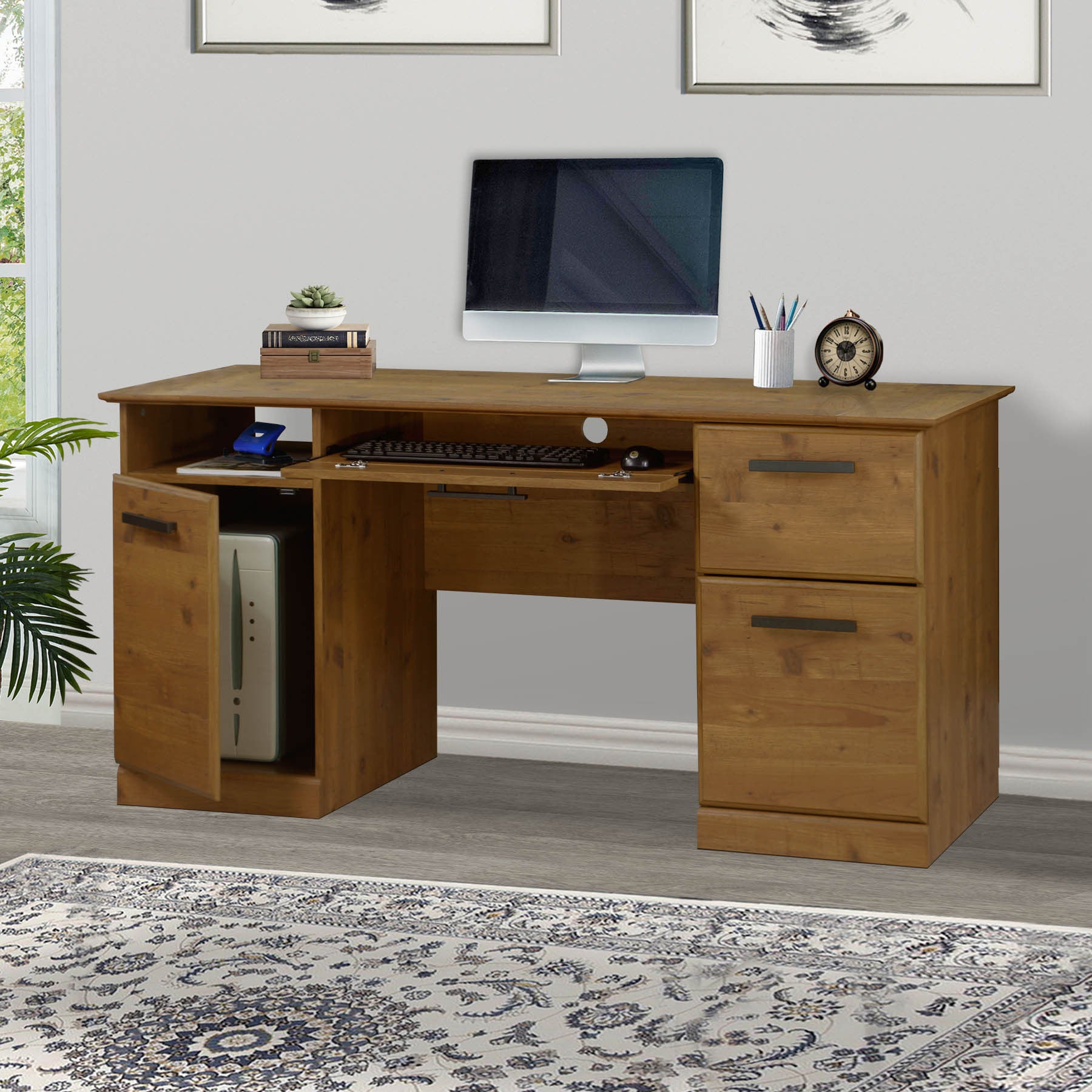 60" Writing Desk Base 60" Writing Desk Top "Rustic Old Pine Executive Desk With Large Storage Ideal For Home Office And Study Areas" Old Pine Solid Wood