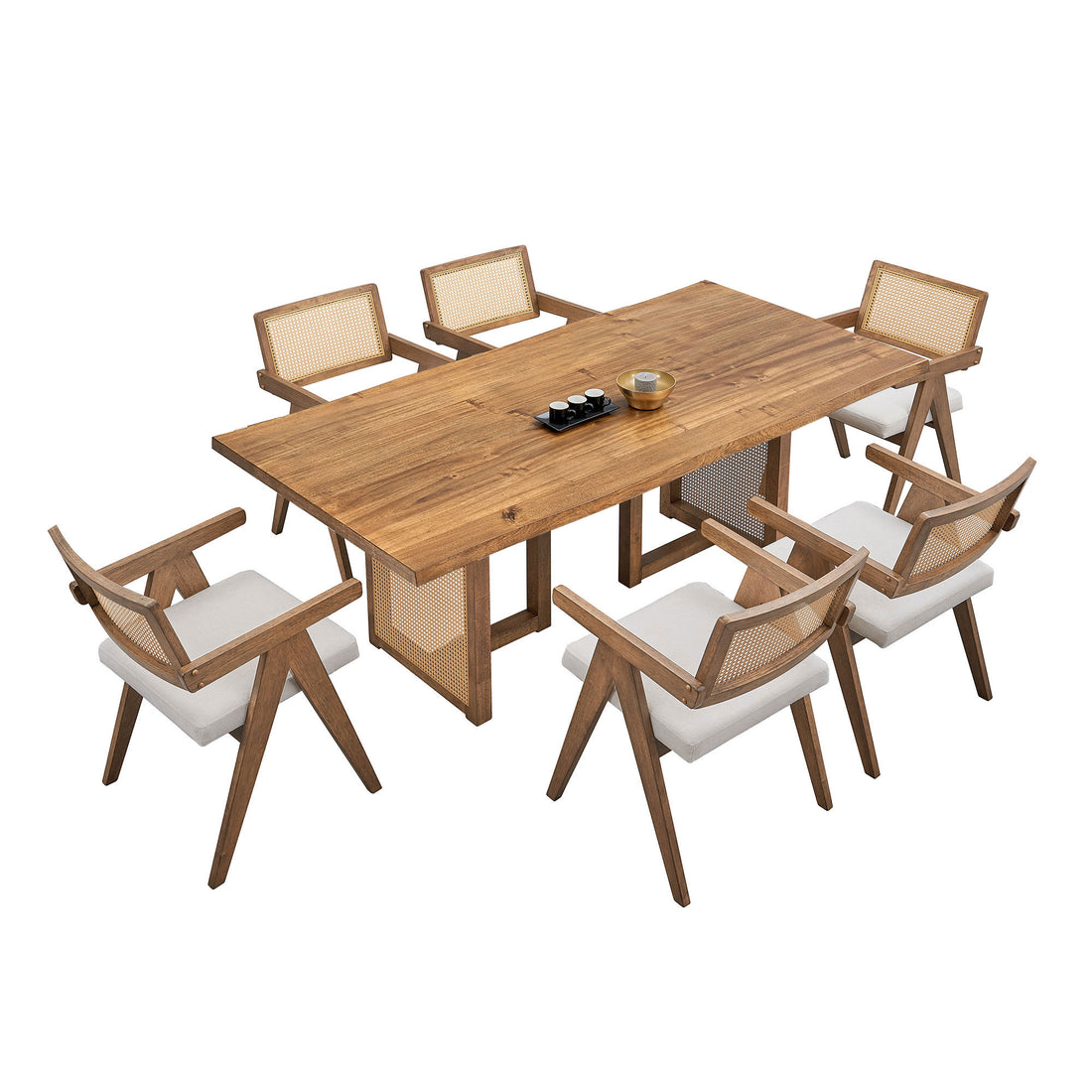 86.61 Inch Oversize Rectangular Waves Dining Table Set,7 Pcs Wooden Dining Table And Chairs,Mid Century Modern Large Kitchen Set For Living Room,Bohemian Dining Table With Rattan Weave For