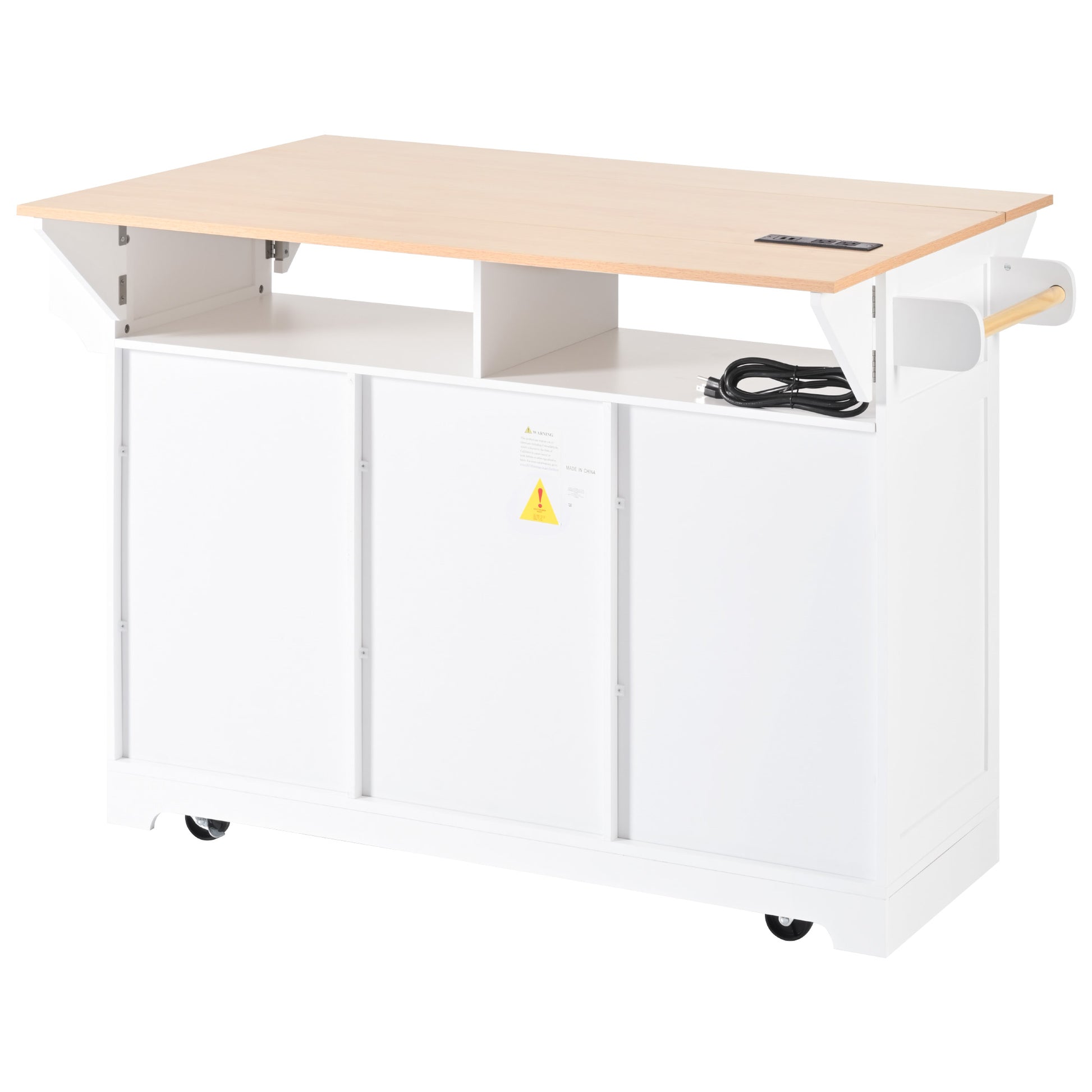 K&K 55.7'' Large Kitchen Island With 2 Drop Leaf, Rolling Kitchen Cart On 5 Wheels With Power Outlet, Folding Storage Dining Table With Spice & Towel Rack3 Drawers, For Kitchen, Dining Room,White White White Kitchen Classic,Farmhouse,Luxury,Modern