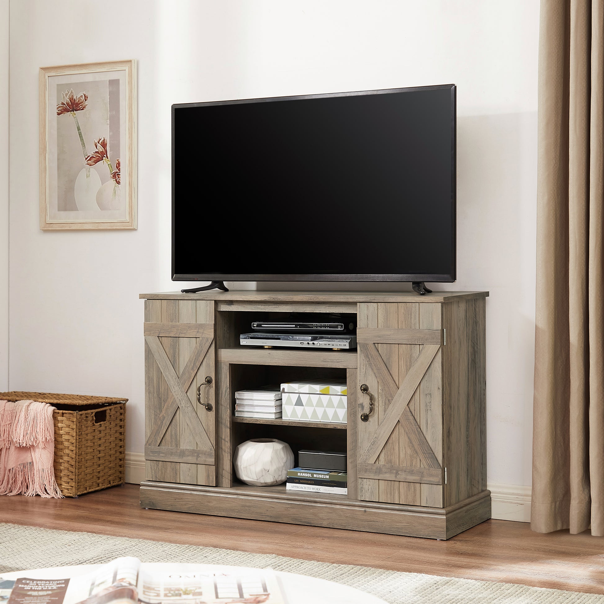 American Retro Tv Stand Farmhouse Classic Media Tv Stand Antique Entertainment For Tv Up To 50" With Open And Closed Storage Space, Gray Wash, 47"W*15.5"D*30.75"H Gray Wash 60 69 Inches Mdf