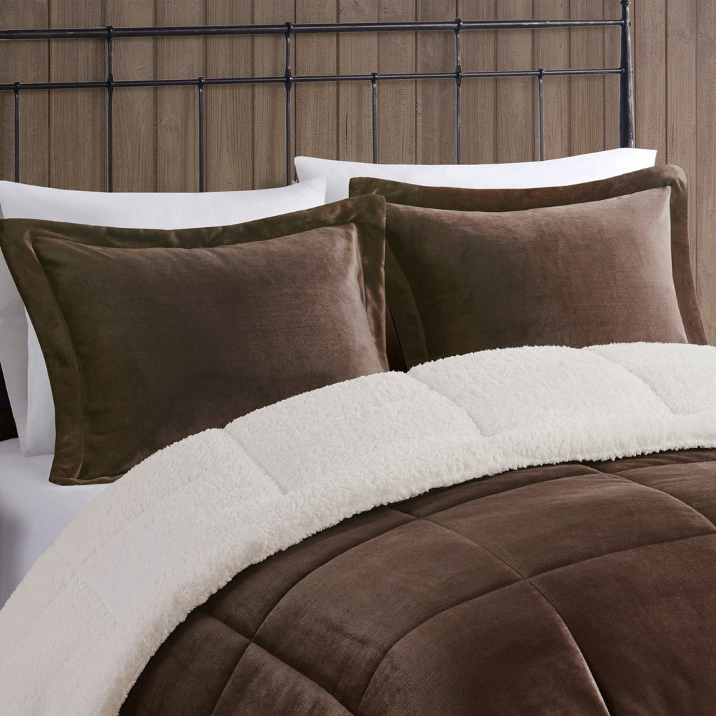 Plush To Sherpa Down Alternative Comforter Set King Brown Ivory Polyester