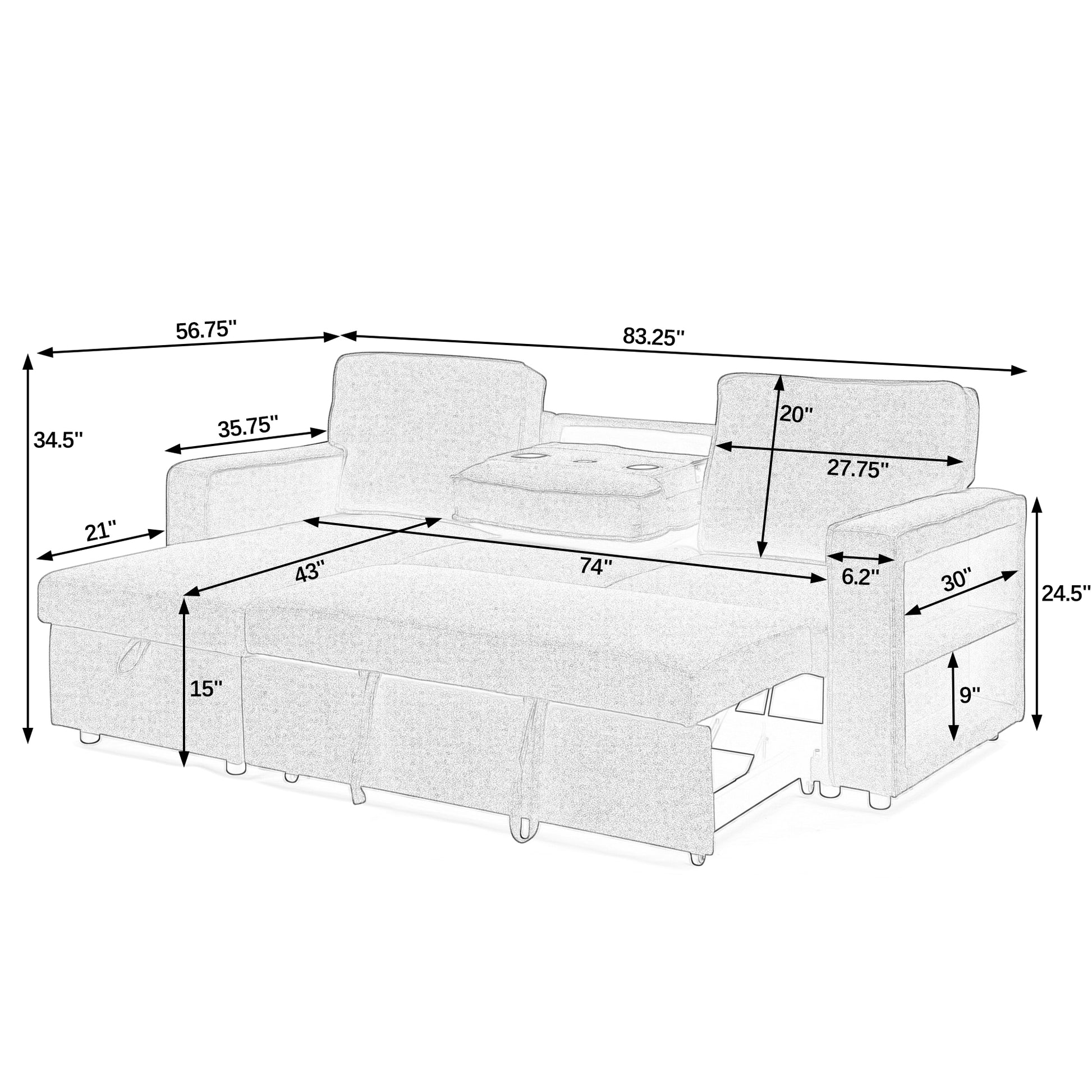 Linen Upholstered Sleeper Sectional Sofa, Shaped Modular Convertible Sofa With Storage Chaise,There Are Two Cup Holders In The Middle And Usb Multi Interface Function,Pull Out Sleep Couch Bed ,Grey