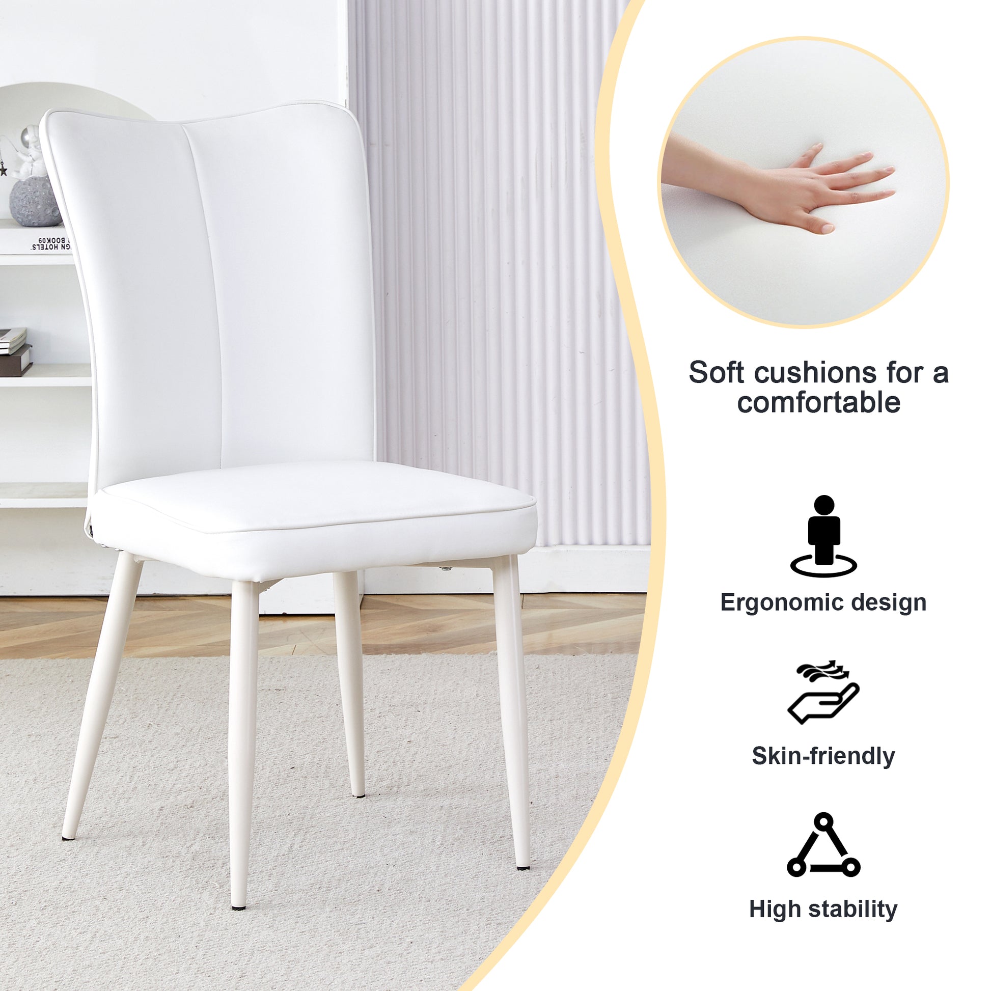 Modern Minimalist Dining Chair, White Pu Leather Curved Back And Seat Cushion, White Metal Chair Legs, Suitable For Dining Room, Bedroom, Living Room. A Set Of Four Chairs. 008 White Pu