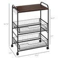 Homcom 3 Tier Rolling Kitchen Cart With Storage, Kitchen Island Cart On Wheels With 2 Sliding Fruit Basket, Microwave Cart With Side Hooks For Dining Room, Walnut Walnut Mdf Metal