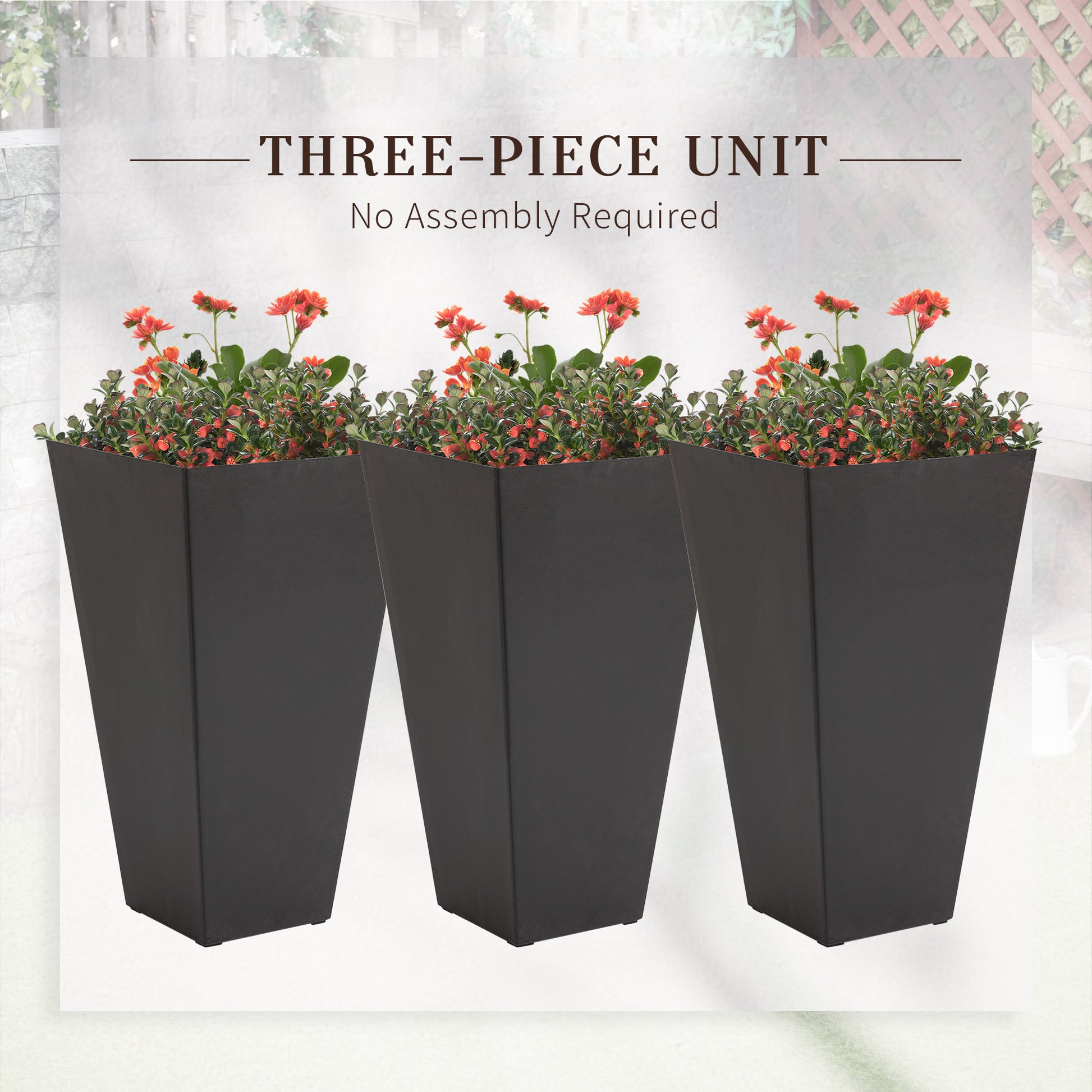 Outsunny Set Of 3 Tall Planters With Drainage Hole, 28" Outdoor Flower Pots, Indoor Planters For Porch Patio And Deck, Brown Brown Polypropylene