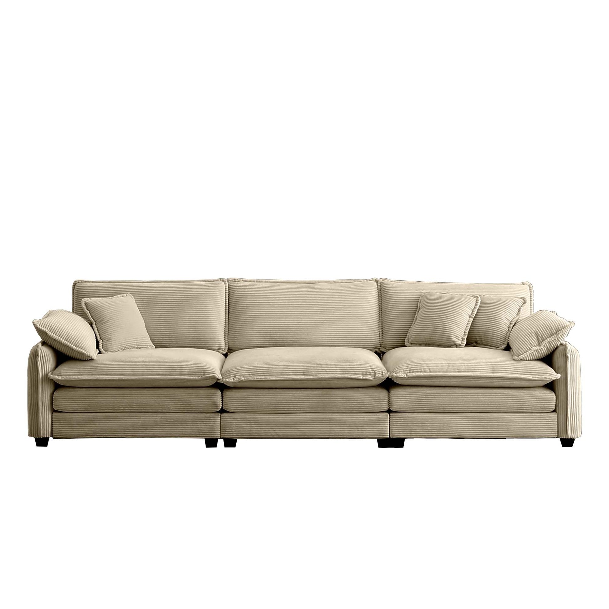 Mid Century Modern 3 Seater Sectional Sofa With 2 Arm Pillows And 3 Throw Pillows,Tan Corduroy Fabric Tan Corduroy 3 Seat
