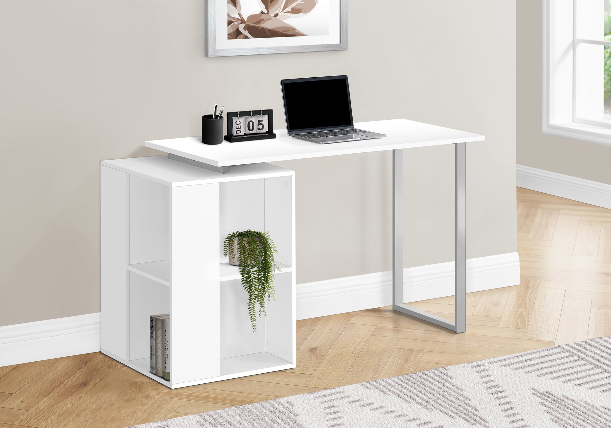 Computer Desk, Home Office, Left, Right Set Up, Storage Shelves, 55"L, Work, Laptop, White Laminate, Grey Metal, Contemporary, Modern White Particle Board