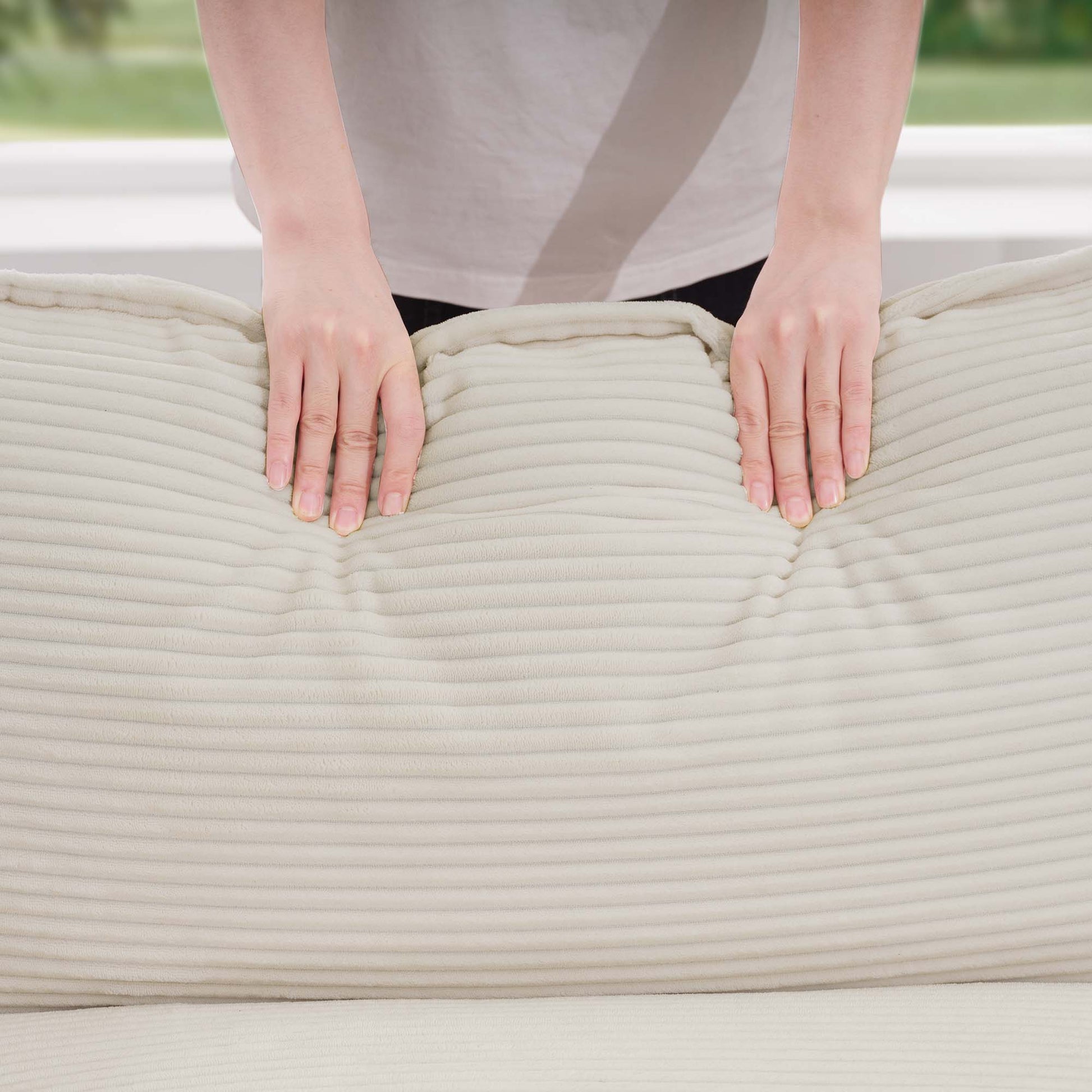 Corduroy Two Seater Sofa With 1 Footrest, L Shaped 2 Seater Sofa With Ottoman For Small Living Spaces, Light Beige Corduroy Sofa Beige Corduroy 2 Seat