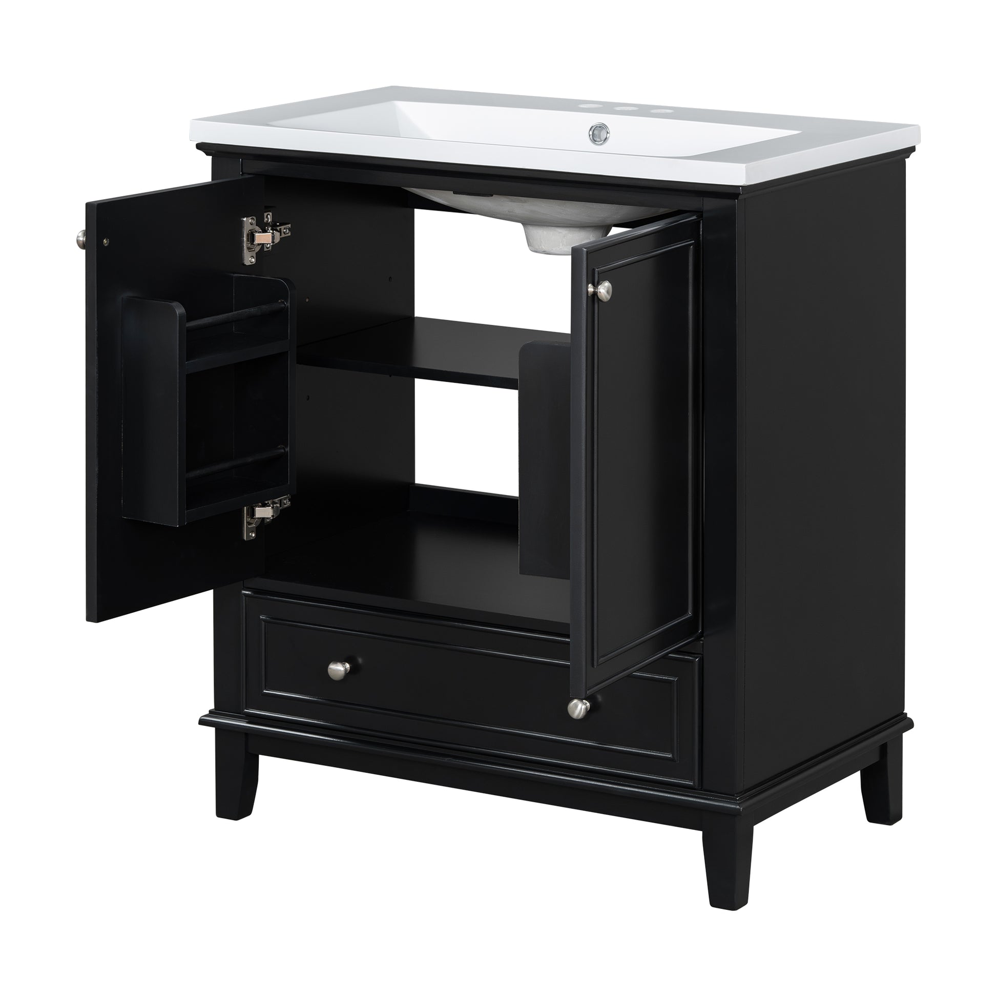 30" Bathroom Vanity With Sink Combo, Multi Functional Bathroom Cabinet With Doors And Drawer, Solid Frame And Mdf Board, Black Black Solid Wood Mdf