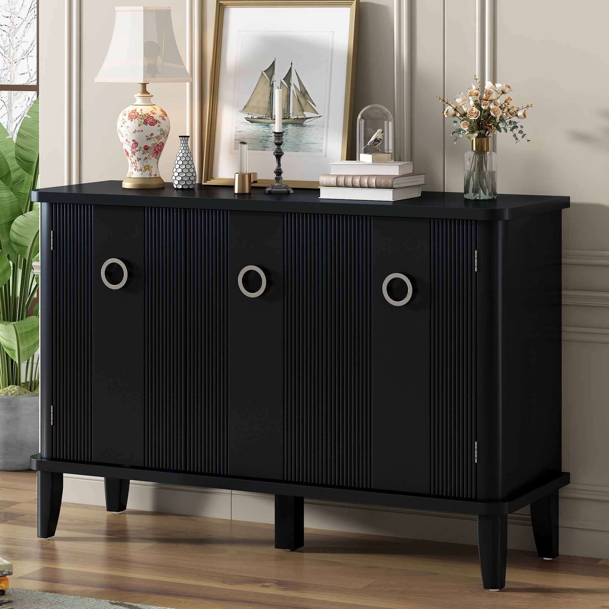 Simple And Atmospheric Solid Wood Veneer Fraxinus Mandschuric Cabinet With Three Acacia Solid Doors,Adjustable, Suitable For Study, Corridors,And Entrances. Black Mdf