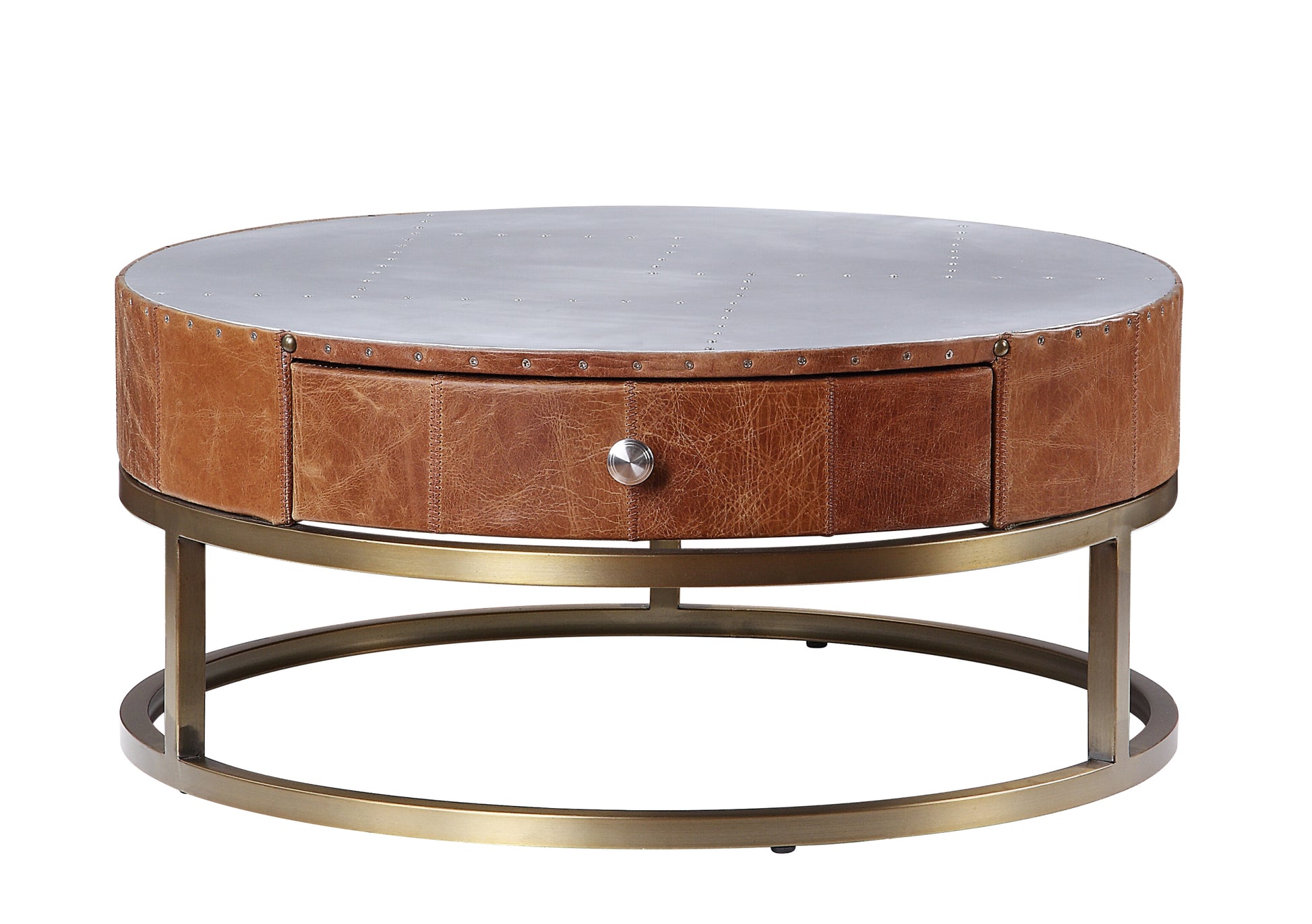 Aluminum And Cocoa Storage Coffee Table Brown Gold Primary Living Space Drawers Round Leather Sled