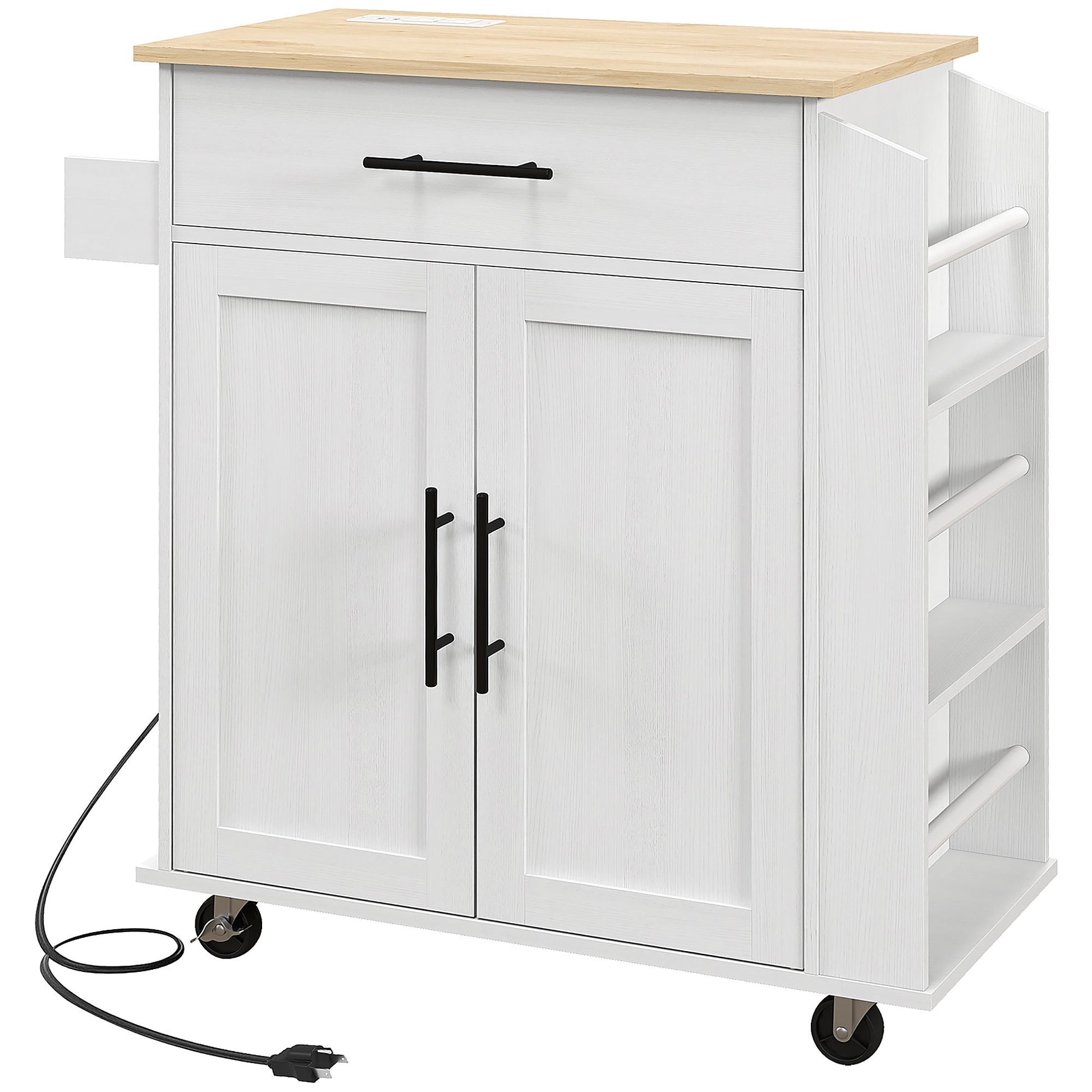 Homcom Kitchen Island With Storage, Rolling Kitchen Cart With Ac Outlets And Usb Ports, Microwave Stand With Towel And Spice Rack, White White Mdf