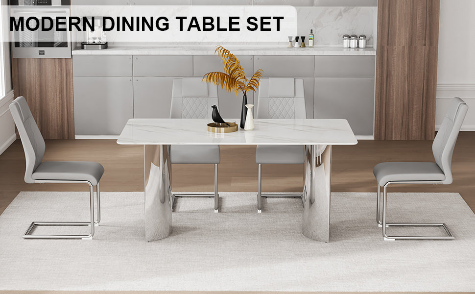 Table And Chair Set.Modern Minimalist Dining Table. Imitation Marble Glass Sticker Desktop, Stainless Steel Legs, Stable And Beautiful. Comfortable Pu Seats.Dt 69 Silver Glass