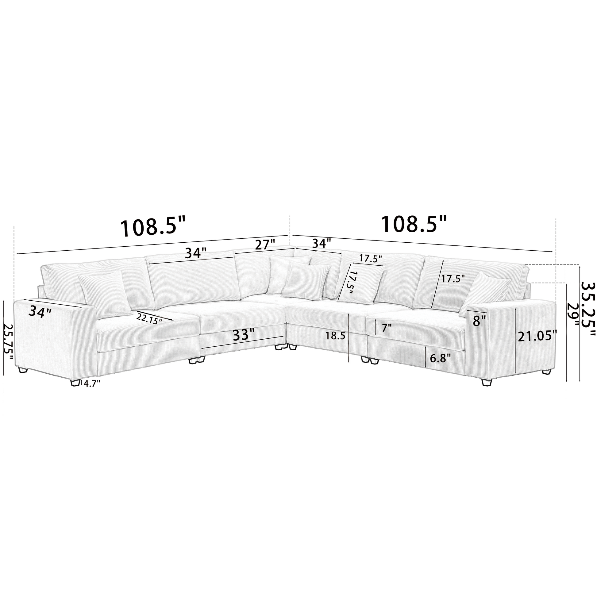 Packaging Upgrade Oversized Modular Sectional Sofa Set, L Shaped Couch,Corduroy ,Upholstered,Deep Seat,5 Seat,5 Throw Pillow And 6 Back Cushion,Living Room, Apartmentgray Gray Polyester Wood Primary