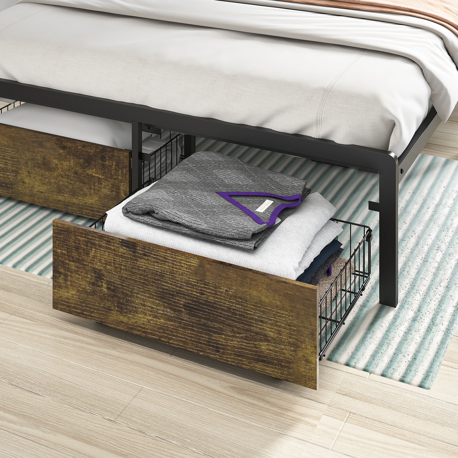 Queen Bed Frame With Led Lights And Charging Station Robust Metal Wood Construction, Rustic Wood Platform Bed Frame With 2 Drawers, No Box Spring Needed, Noise Free, Vintage Brown, Easy Assemble Box Spring Not Required Queen Black Brown Metal Brown