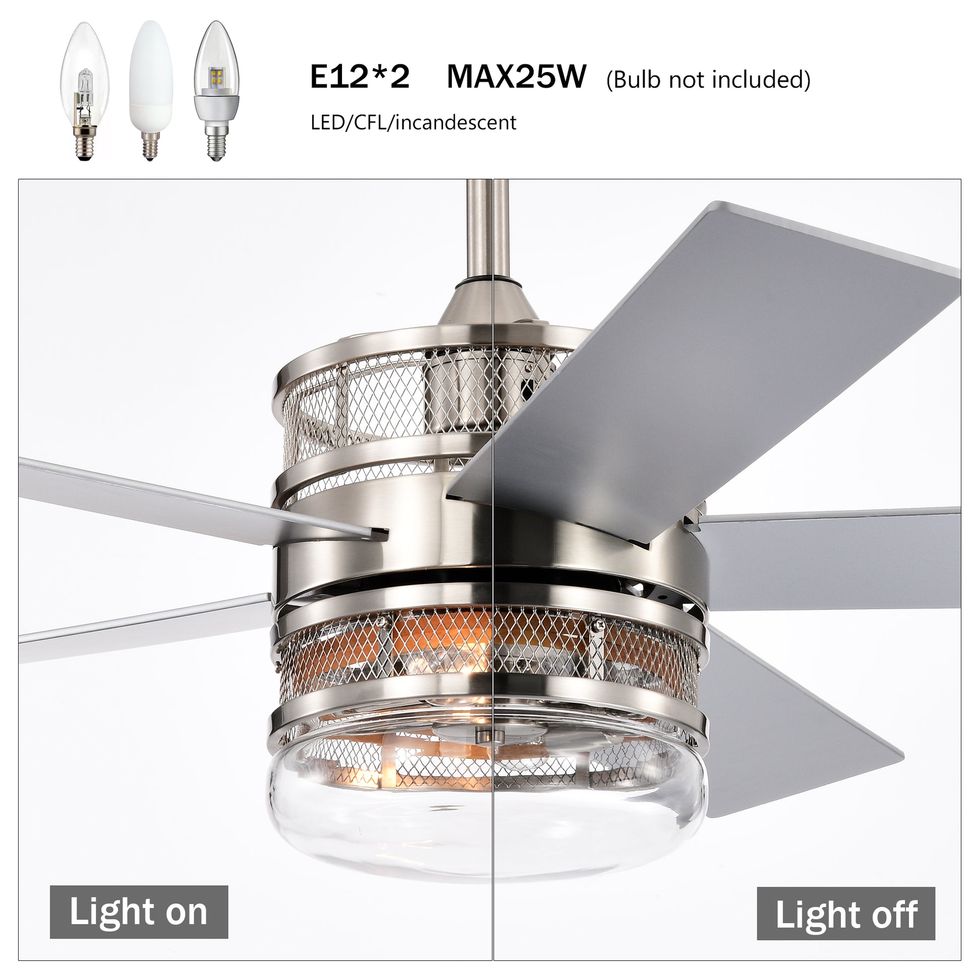 52 Inch 5 Blade Plywood Blades Ceiling Fan ,Dual Lamp Shade Ceiling Fan With Remote Control Optional Remote Satin Nickel Nickel American Design,American Traditional,Classic,Contemporary,Farmhouse Plywood Metal