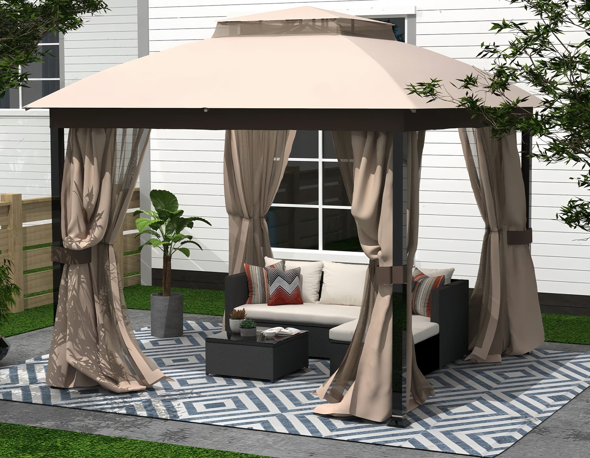 10X10Ft Softtop Metal Gazebo With Mosquito Net&Sunshade Curtains,Sturdy Heavy Duty Double Roof Canopy,Galvanized Steel Design Outdoor Tent,Suitable For Gardens,Patio,Backyard Beige Rectangular None Garden & Outdoor Water Resistant Gazebos Anchored Fabric