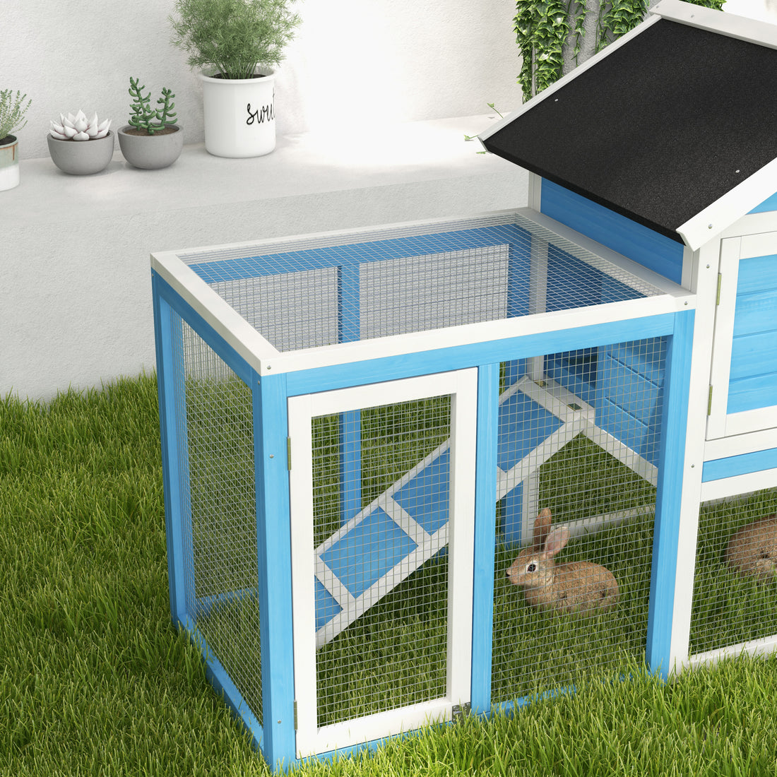 Pawhut 48" Wooden Rabbit Hutch Bunny Cage With Waterproof Asphalt Roof, Fun Outdoor Run, Removable Tray And Ramp, Light Blue Blue Wood